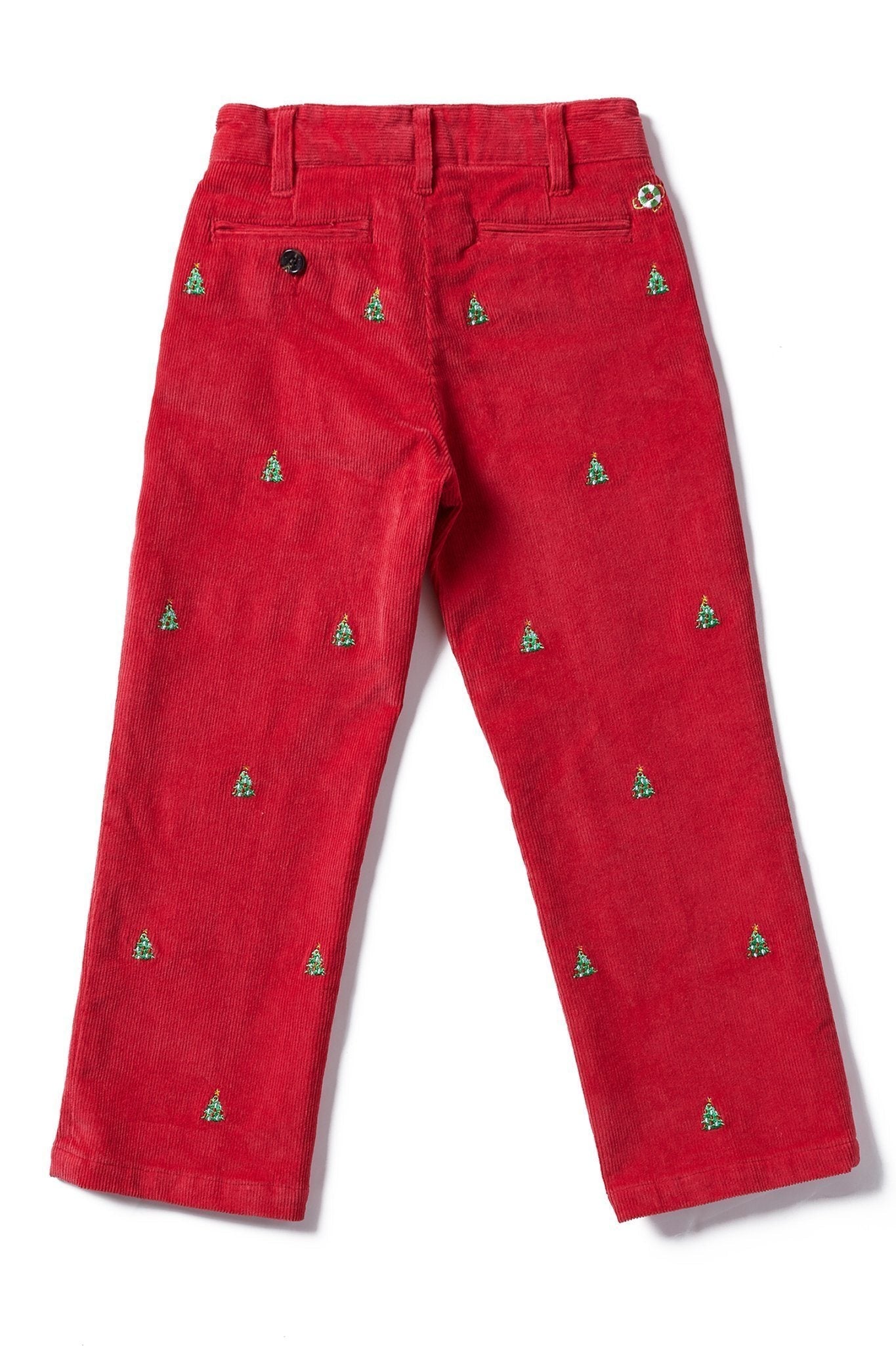 Boys Corduroy Pants - Crimson Red Christmas Tree Print for Holiday & Winter Outfits - Casual Playwear & Festive Family Gatherings
