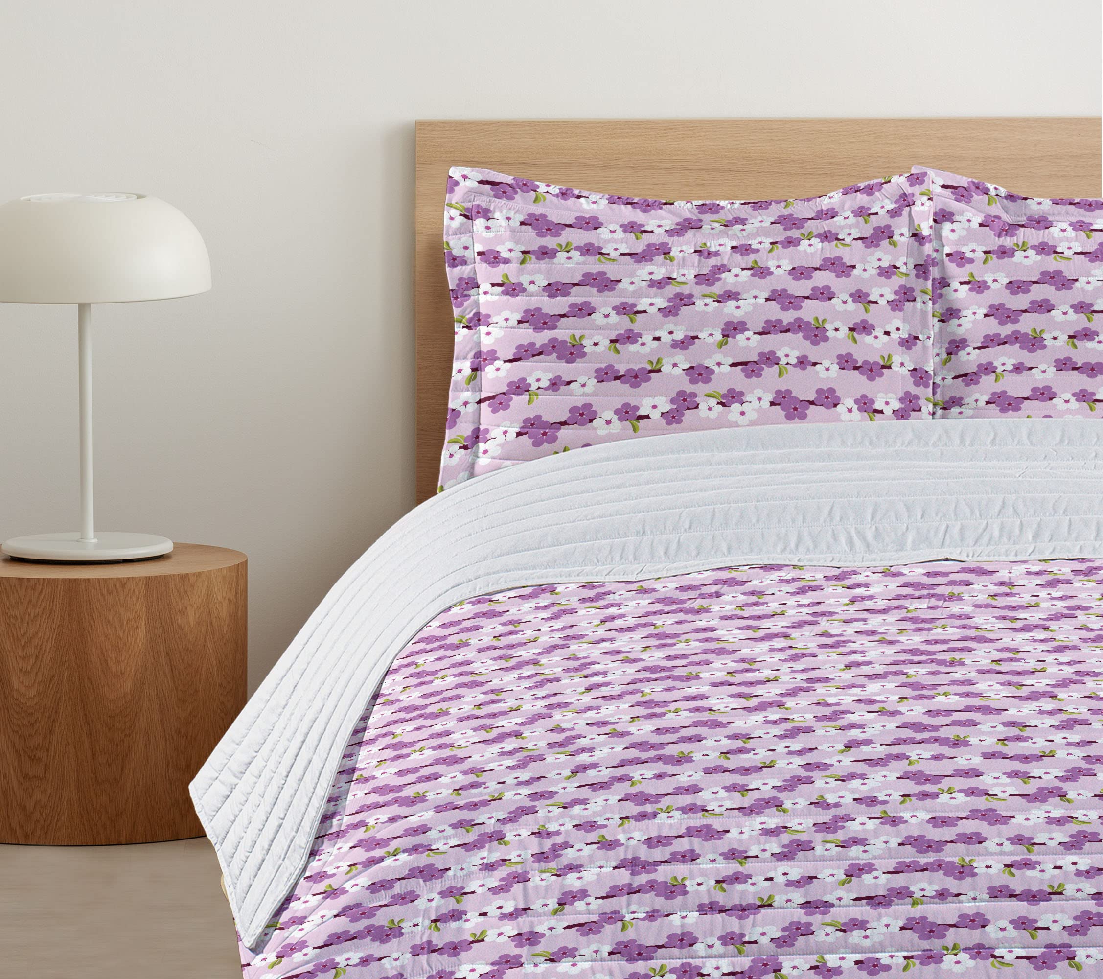 Ambesonne Japanese Microfiber Bedspread Set - Cherry Blossom Sakura Tree Design with Horizontal Branches, Soft Queen Size Bedding Set Includes Pillow Shams & Comforter in Lilac White Green | Perfect for Spring Bedroom Decor, Asian-Inspired Home Styling