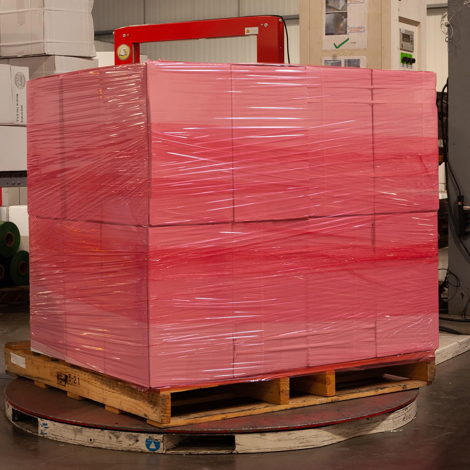 MMBM Red Pre Stretch Wrap Film - 17 Inch x 1476 Feet, 34 Gauge, 8 Rolls - Heavy Duty Plastic Cling Wrap for Moving & Pallet Packaging - Secure Shipping, Warehouse Storage & Industrial Use