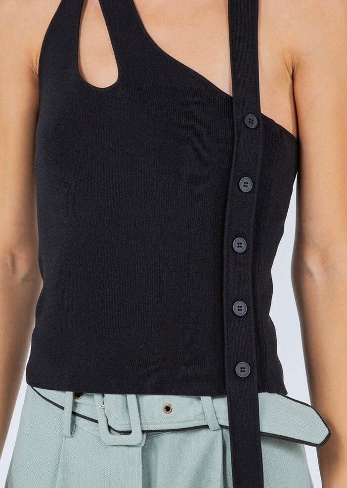Black Asymmetrical Tank Top with Side Button Detail - Stylish & Trendy for Casual Outings, Summer Wear & Layering