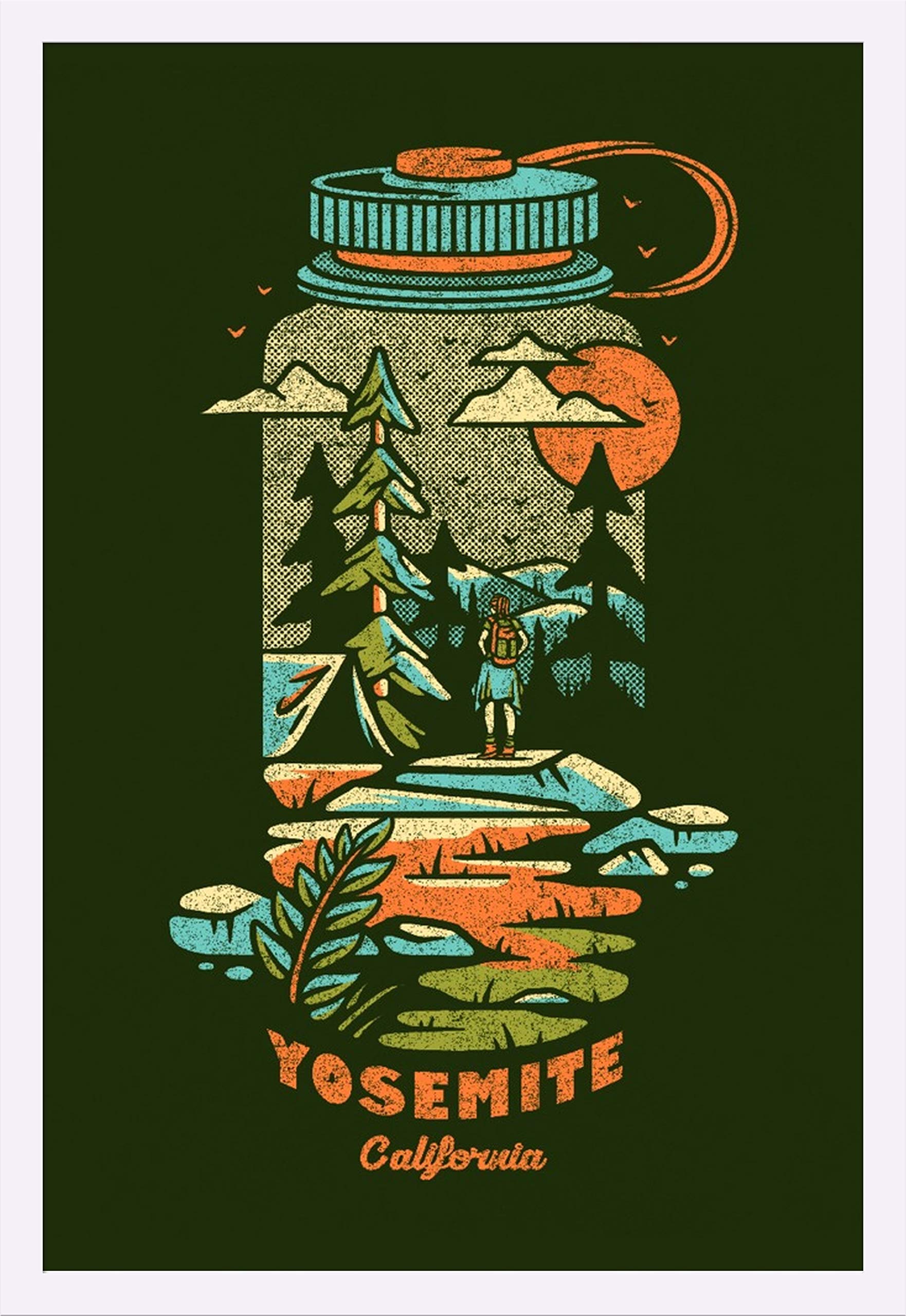Yosemite National Park California Water Bottle - Distressed Vector Dark 105330 - 24x36 Giclee Art Print Gallery Framed White Wood - Perfect for Home Decor, Office Wall Art & National Park Enthusiast Gifts