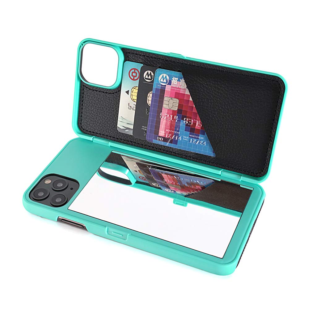 Premium Mirror Wallet Case for iPhone 11 Pro Max (6.5 inch) - Hidden Back Mirror, Card Holder & Stand Feature - Teal - Perfect for Hands-Free Viewing & Secure Card Storage (2019 Model)