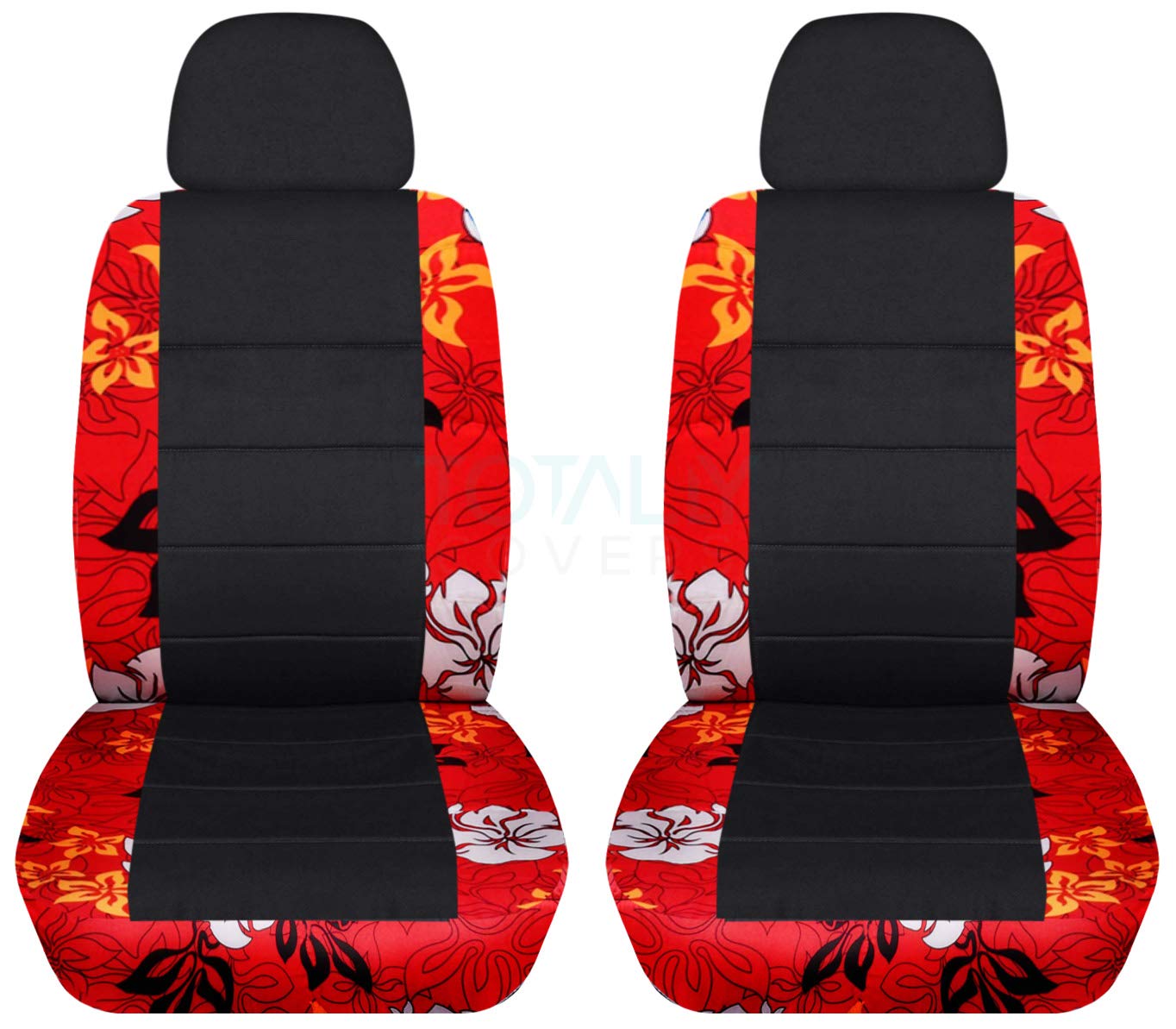 Hawaiian Print & Black Car Seat Covers with 2 Headrest Covers - Red Floral Design - Universal Fit for Cars, Trucks, Vans, RVs & SUVs - Perfect for Road Trips, Beach Outings & Summer Adventures