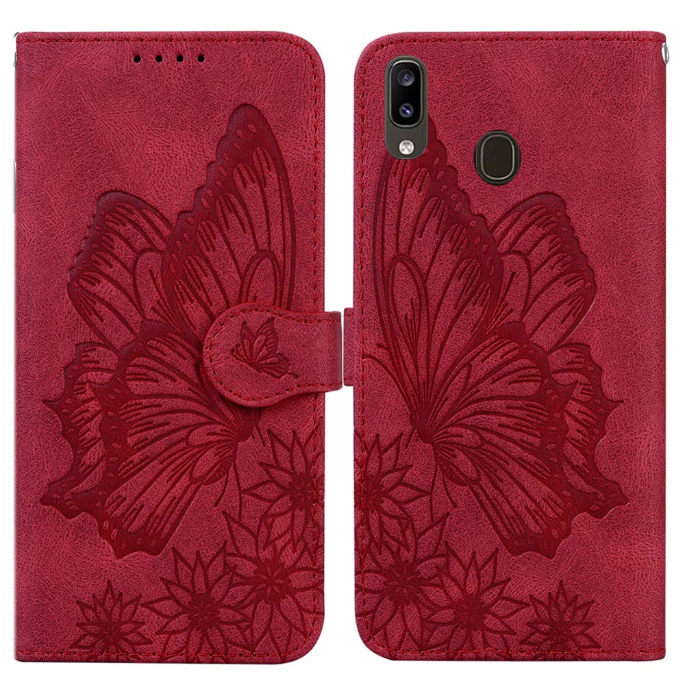 Samsung Galaxy A10E Leather Wallet Case with Card Holder & Magnetic Kickstand - Shockproof Flip Cover with Butterfly Embossing (Retro Red) - Perfect for Daily Use, Travel, and Hands-Free Viewing