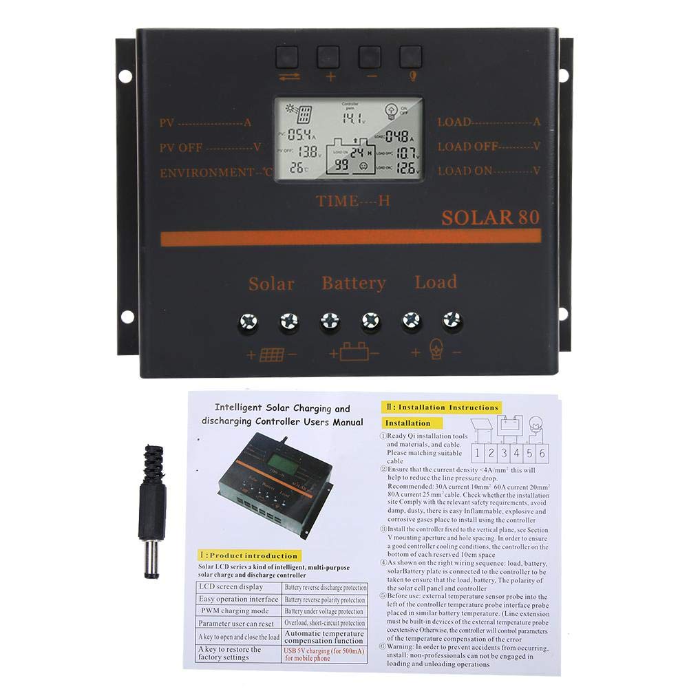 BTIHCEUOT 80A PWM Solar Charge Controller with LCD Display - 12V/24V Auto for Solar Panels - Perfect for Off-Grid Solar Systems, RV, Marine & Home Use