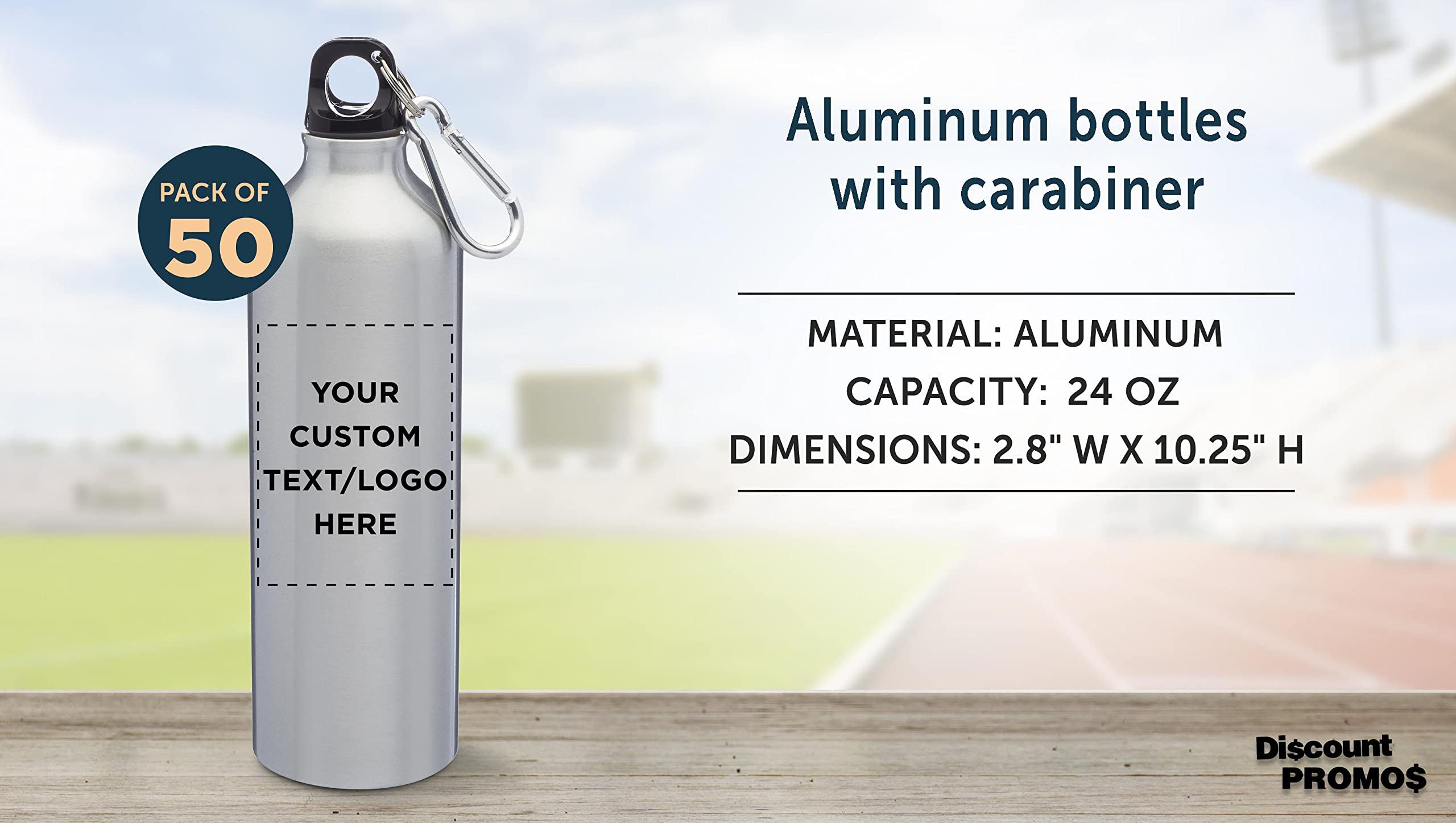 Custom 24 oz Aluminum Water Bottles with Carabiner - Bulk Pack of 50 Personalized Sports Bottles - Ideal for Gym, Hiking, Camping, Running & Outdoor Activities - Silver Water Bottle for Athletes & Fitness Enthusiasts