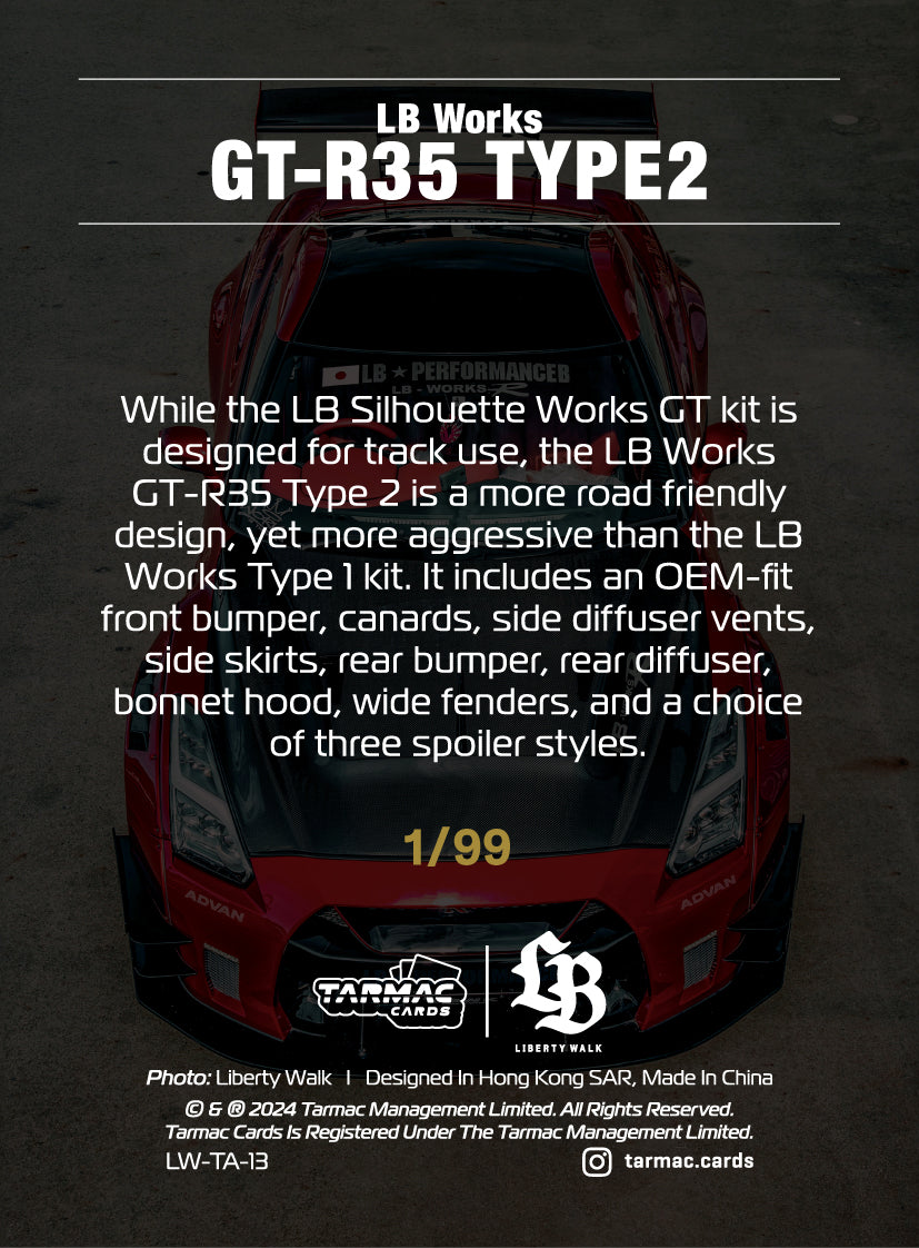 Tarmac Cards LB Liberty Walk Collection Vol.1 - Special Parallel LW TA 13 Nissan R35 Type2 (Hanabi/99) Special Edition - Rare Collectible Trading Cards for Car Enthusiasts & Model Display