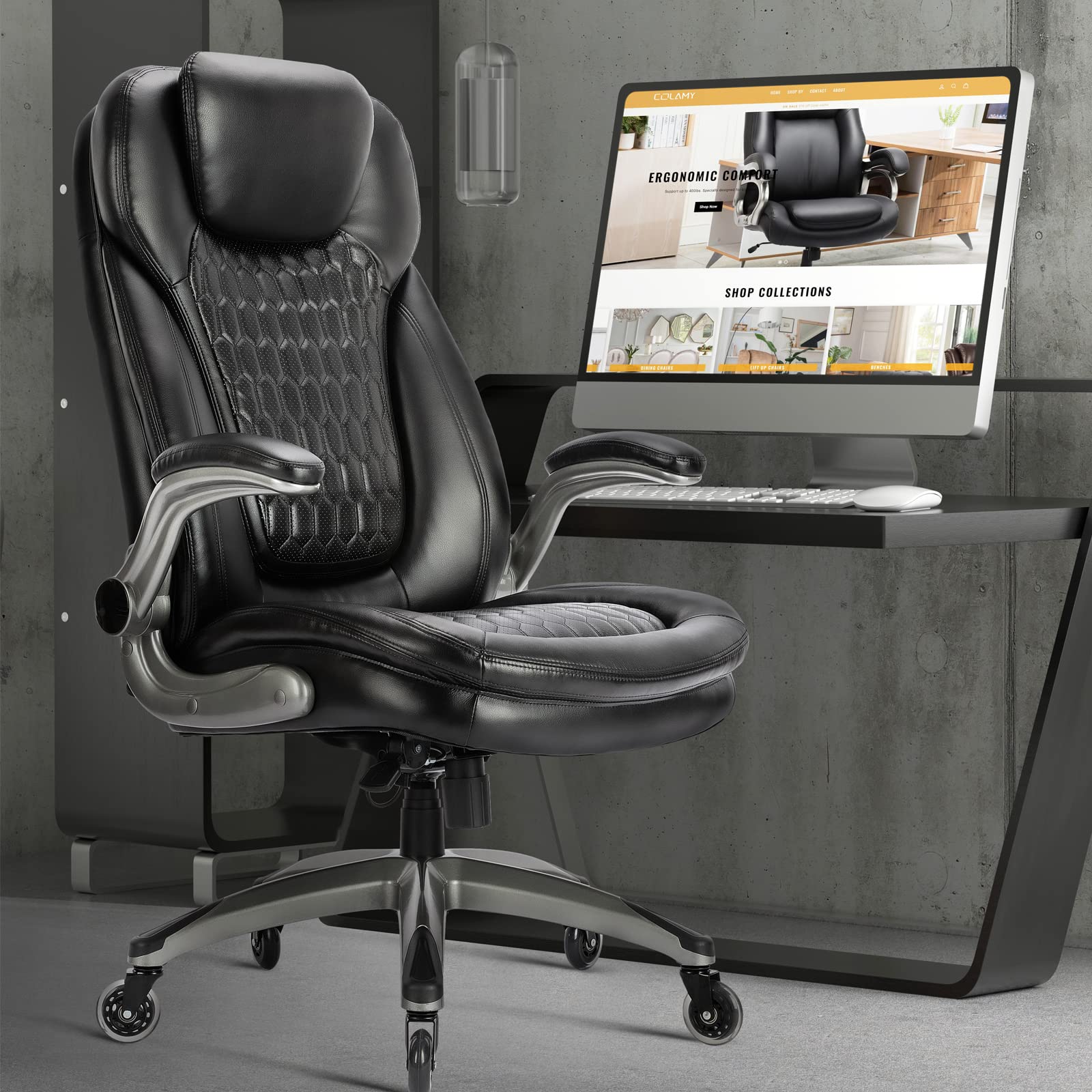 Premium Ergonomic Executive Office Chair - High Back Leather Computer Desk Chair with Swivel & Upgraded Casters - Black (Set of 2) - Perfect for Home Office, Gaming & Professional Workspaces