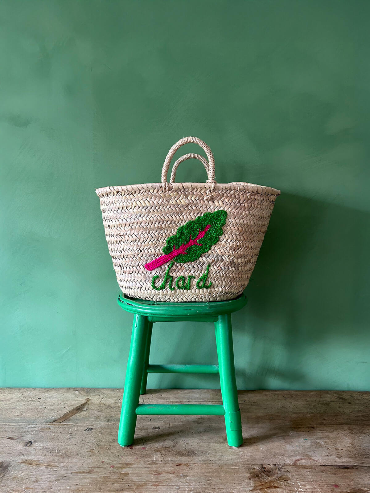 Hand Embroidered Market Basket - Chard Green Cotton Tote Bag for Grocery Shopping, Farmers Market & Picnic Essentials