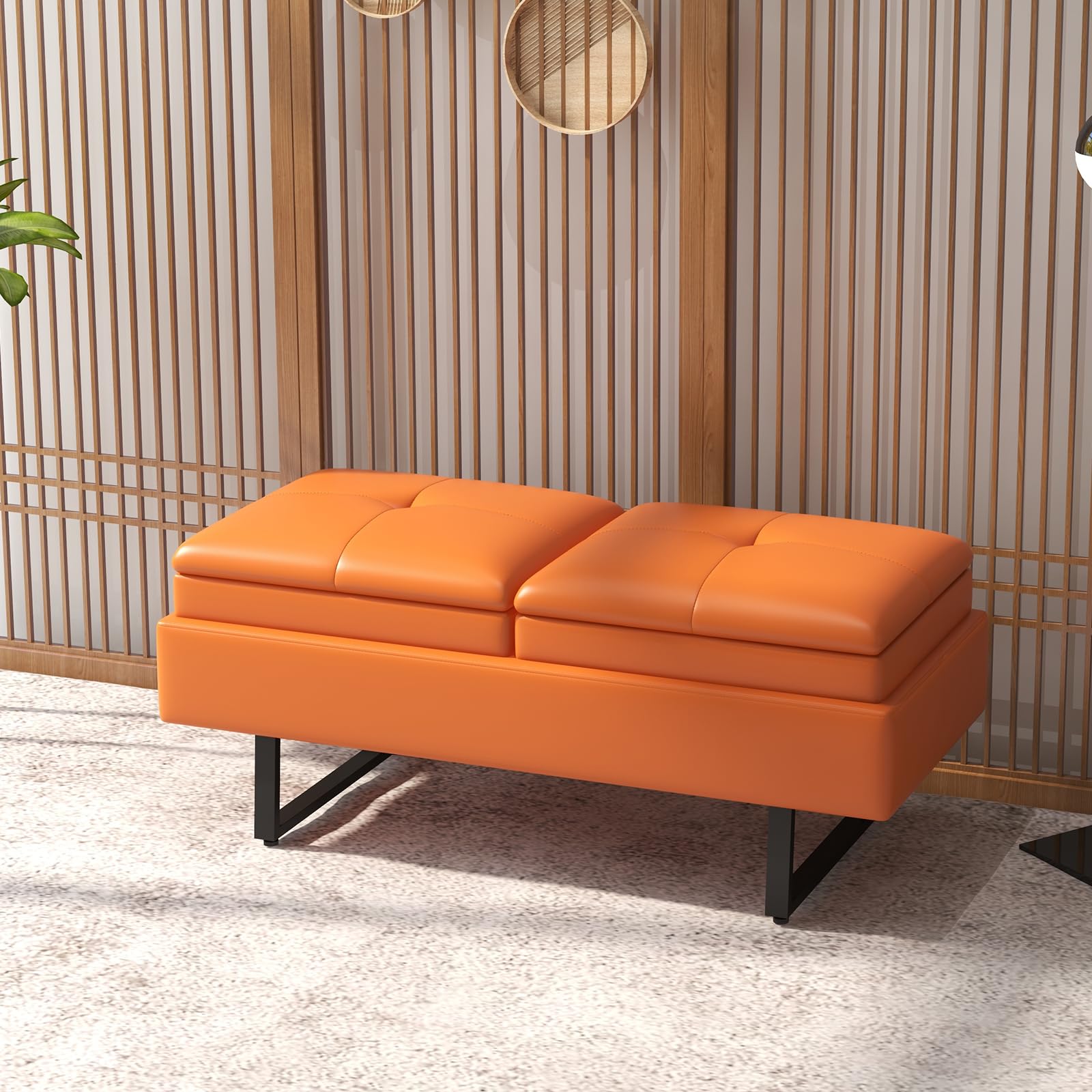 Kinfant 2-Seat Upholstered Reception Bench with Thickened Cushion - PU Leather Office Guest Chairs, Living Room Bench & Lobby Furniture for Salon, Shop & Waiting Area (Orange)