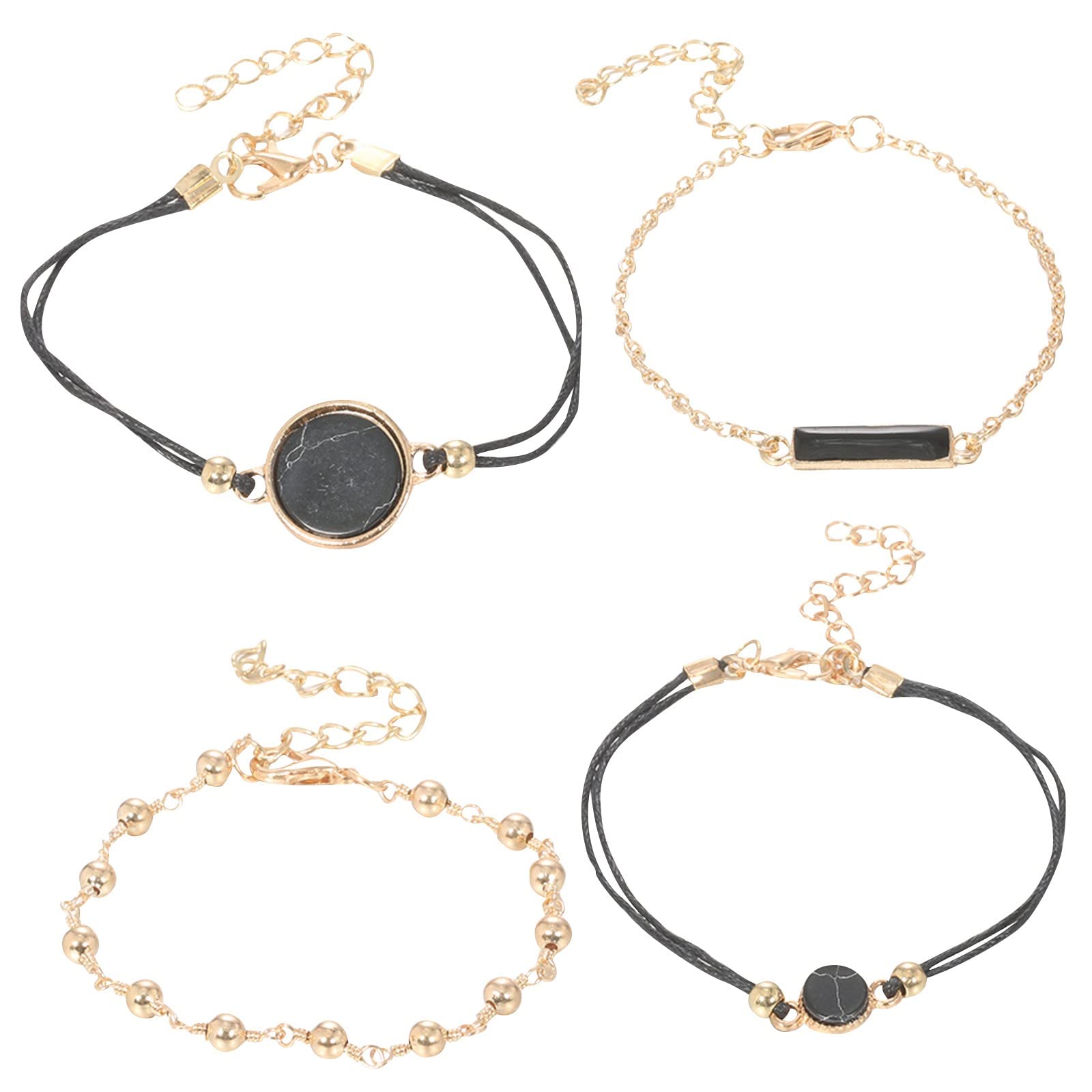 5Pcs Boho Beach Bracelet Set for Women - Adjustable Black Bead Geometric Link Bracelets, Elegant Layered Chain Jewelry (Gold, One Size) | Perfect for Summer Outfits, Beach Vacations & Boho Fashion Accessories