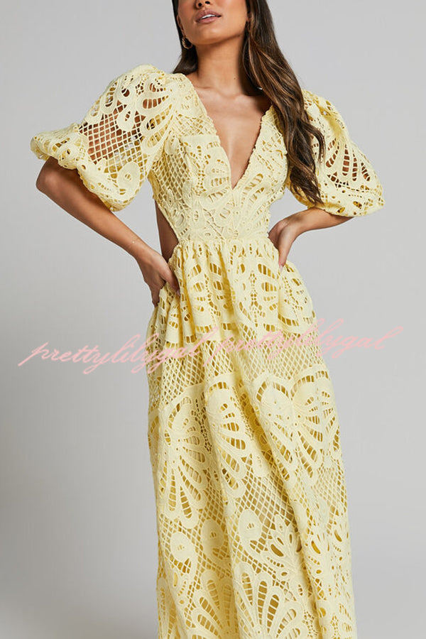 Elegant Solid Color V-Neck Lace Maxi Dress for Women - Sexy Hollow Out Waistless Long Dress for Summer, Beach, Party & Evening Wear