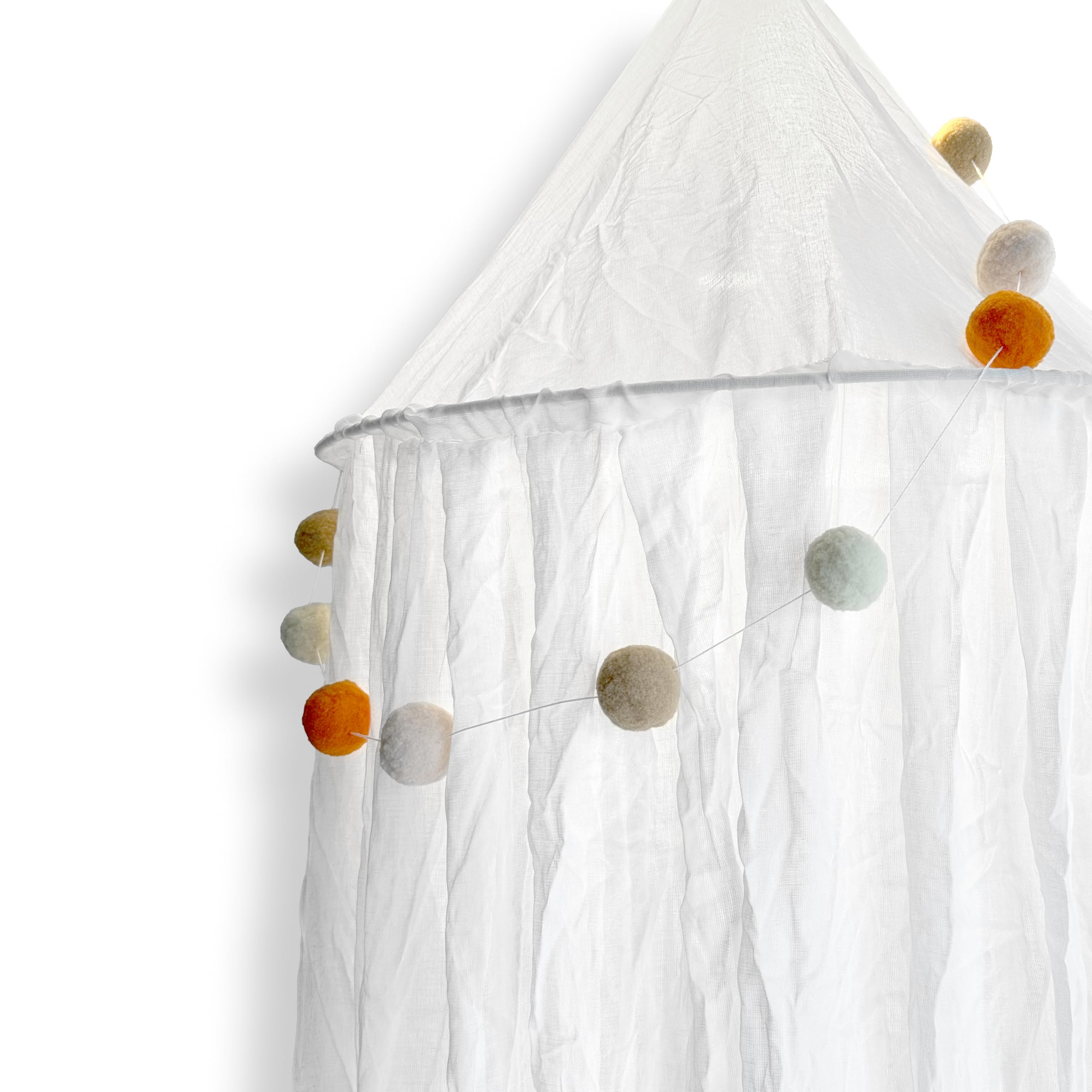 100% Cotton Kids Bed Canopy - Princess Mosquito Net for Girls Bedroom, Nursery Crib & Toddler Play Tent | Pom Pom String Curtain for Reading Nook & Playroom Decor | Breathable Dome Canopy for Baby Bed, Daydream Space & Sleep Sanctuary