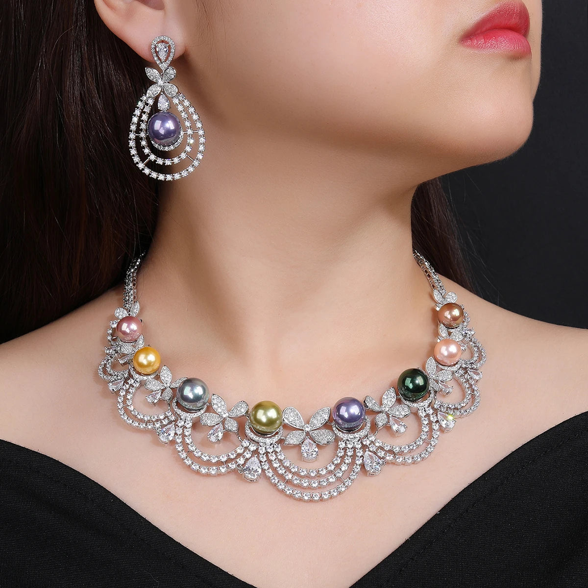 Luxury Cubic Zirconia Pearl Choker Necklace & Earrings Set - Bridal Wedding Jewelry for Women - Perfect for Prom, Anniversary & Special Occasions