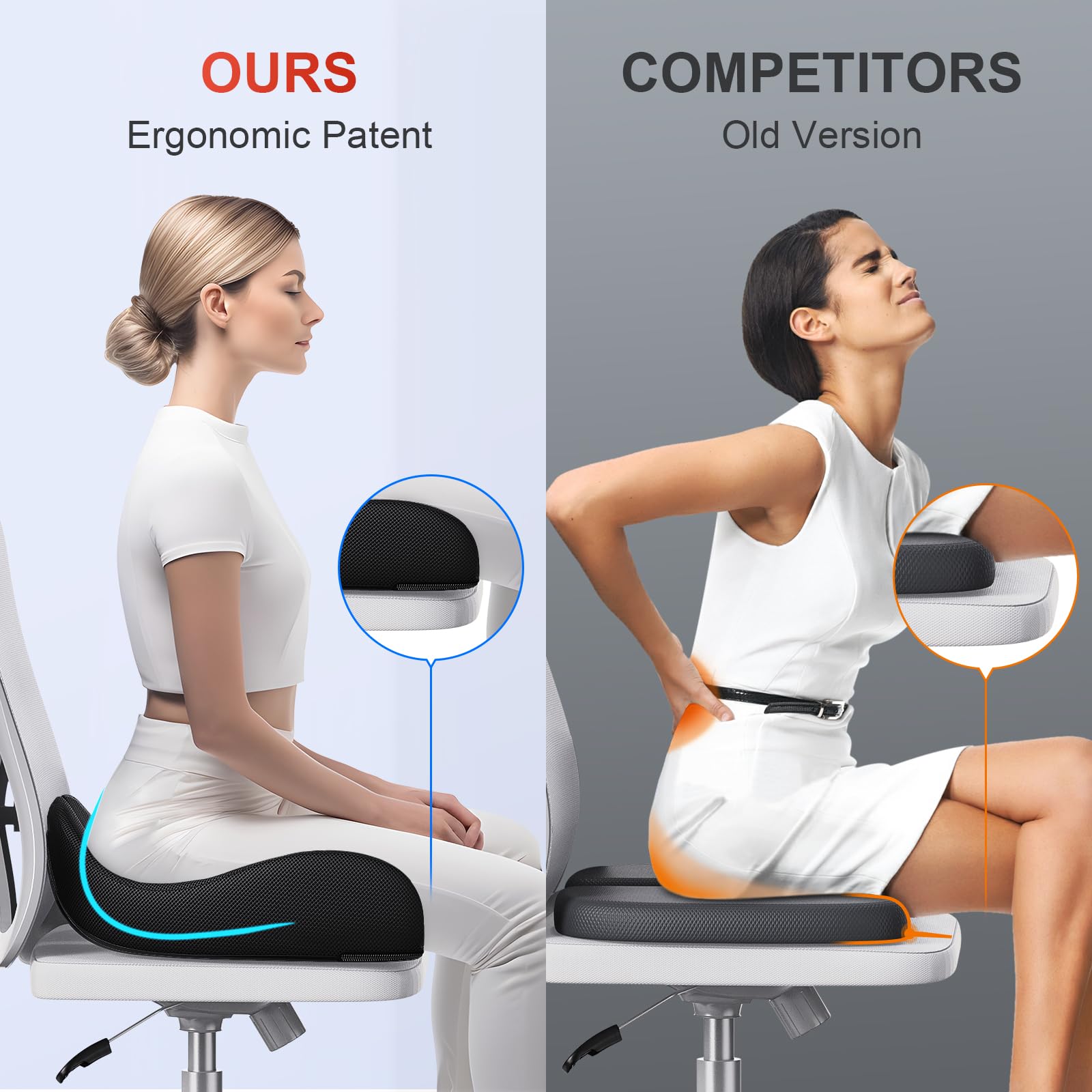 Benazcap Extra Large Memory Foam Seat Cushion - Ergonomic Office Chair Pad for Pressure Relief, Sciatica & Back Pain - Comfortable Support for Long Sitting - Perfect for Gaming Chairs, Car Seats & Home Office (Black)