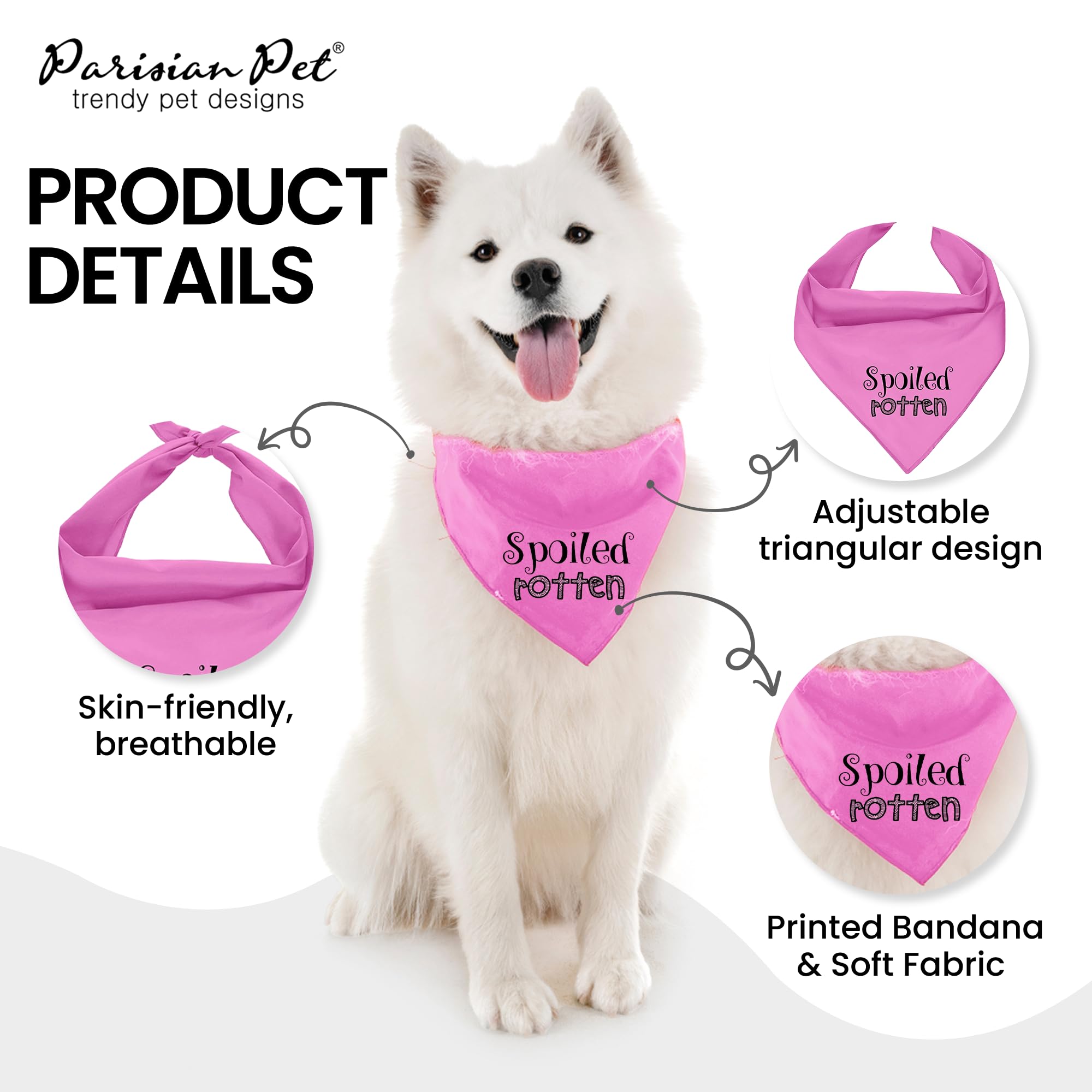 Adjustable 'Spoiled Rotten' Printed Dog Bandana - Parisian Style Pet Scarf for Small Dogs & Cats - Pink Triangle Bib Handkerchief for Pets - Perfect for Birthdays, Photos & Daily Fashion