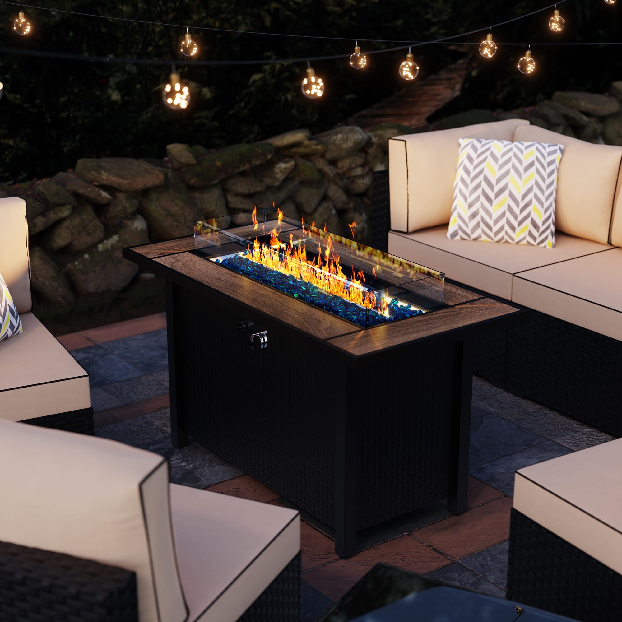Meilocar 45-inch Outdoor Propane Fire Pit Table with Glass Wind Guard & Rain Cover - 50,000 BTU 3-in-1 Fire Table for Patio, Yard, or Balcony - Walnut Tabletop - Perfect for Backyard Gatherings, Camping, and Outdoor Relaxation
