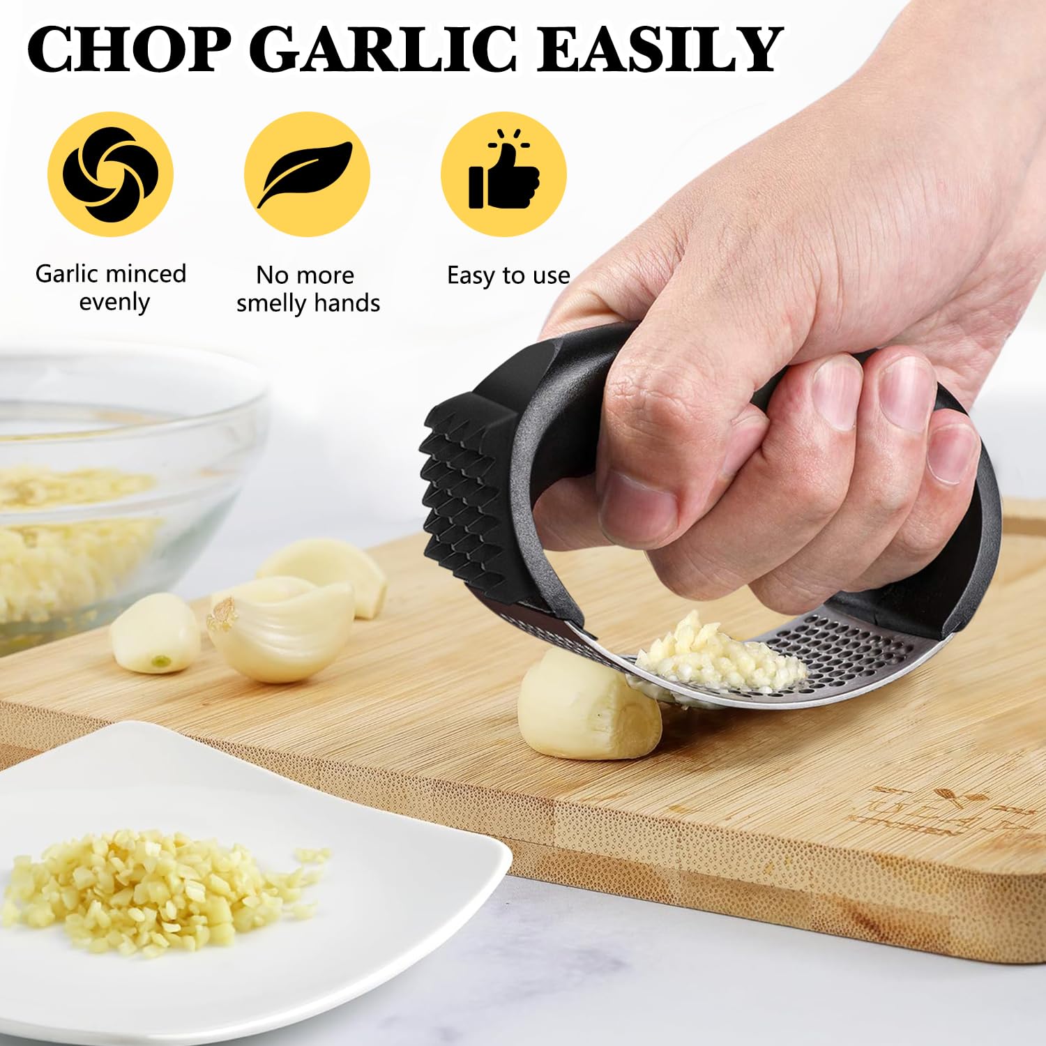 2024 Upgraded Stainless Steel Garlic Press & Crusher with Peeler & Cleaning Brush - Heavy Duty Kitchen Tool for Crushing Garlic, Ginger & Herbs - Perfect for Cooking, Meal Prep & Professional Kitchens