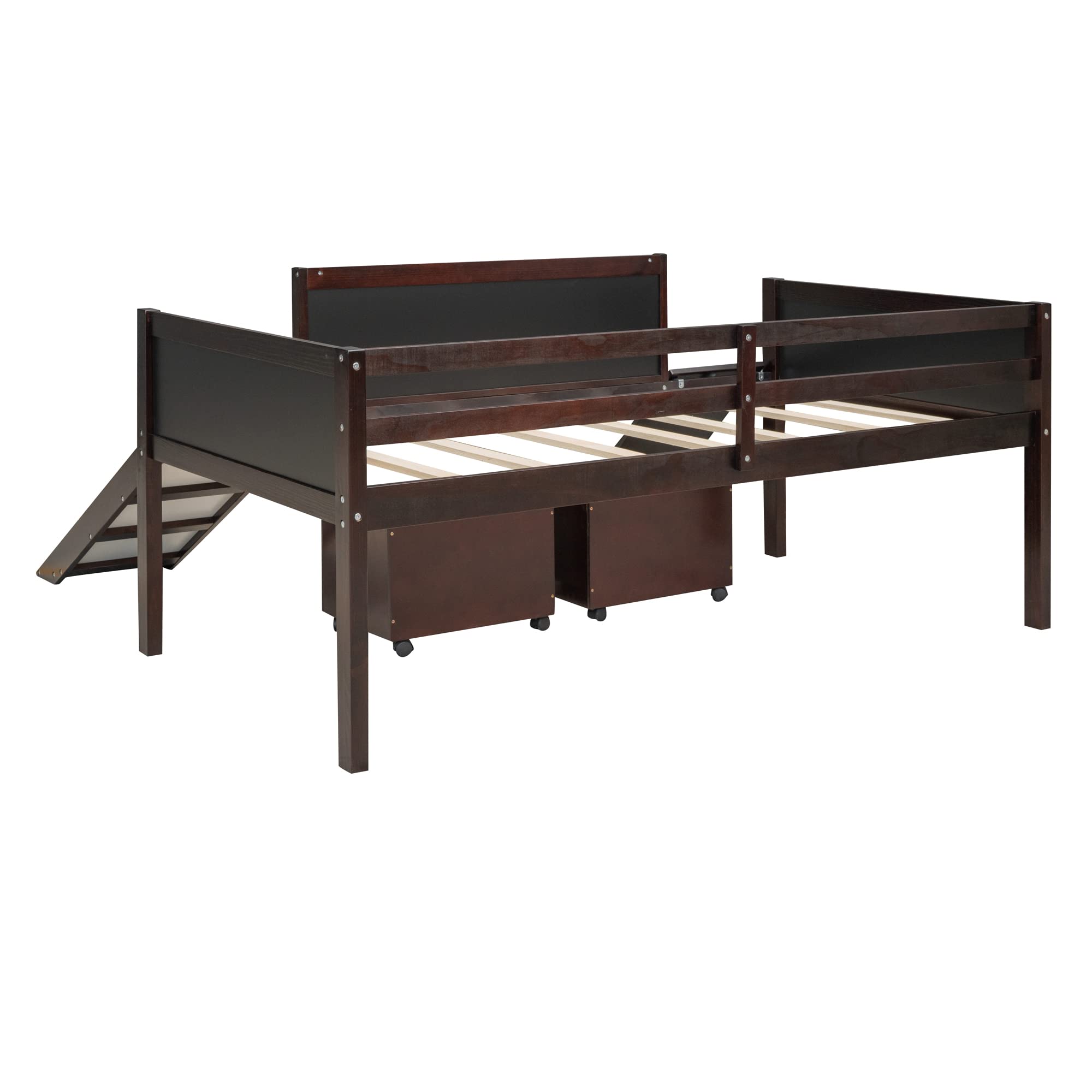 **Kids Loft Beds with Slide & Storage - Twin Low Loft Bed Frame with Climbing Ladder, Chalkboard & Storage Boxes - Modern Multifunctional Loft Bed for Boys & Girls - Espresso Finish - Perfect for Small Bedrooms, Playrooms & Kids' Dorm Decor**