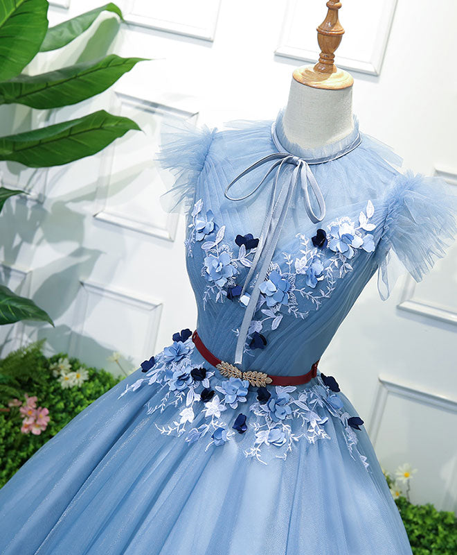 Elegant Blue High Neck Tulle Long Prom Dress | Formal Evening Gown for Women | Perfect for Homecoming, Ball, Wedding & Special Occasions