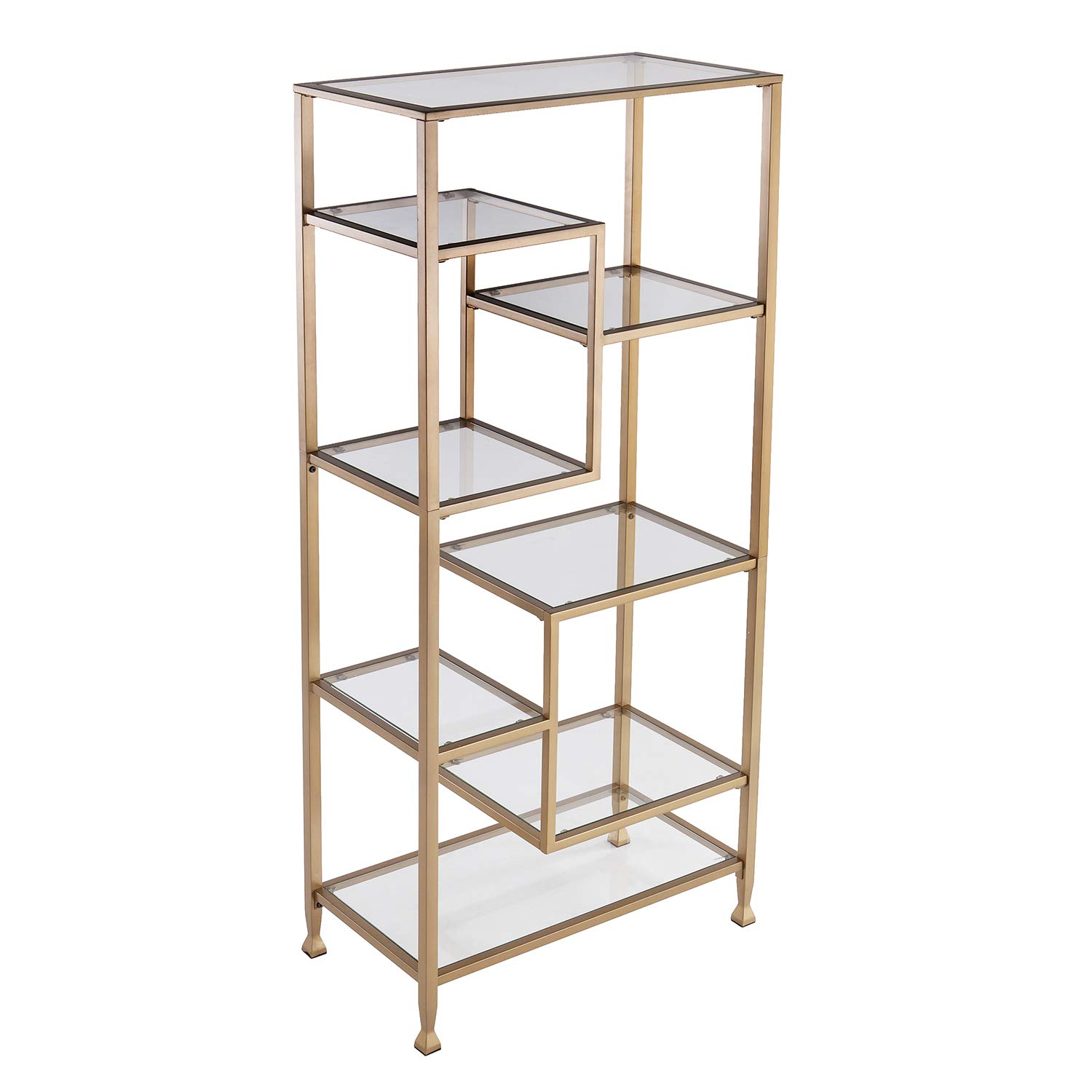 SEI Furniture Jaymes Metal and Glass Asymmetrical Bookcase Shelf - Gold Modern Étagère for Living Room, Bedroom, Office Storage & Display
