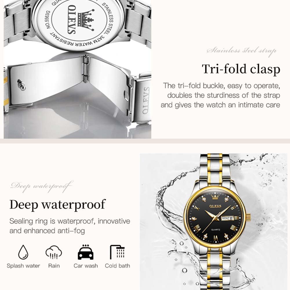 OLEVS Women's Gold Stainless Steel Waterproof Analog Quartz Watch with Date Day - Small Face Fashion Watch for Ladies with Gold, Black & White Dials - Perfect for Work, Parties & Everyday Wear
