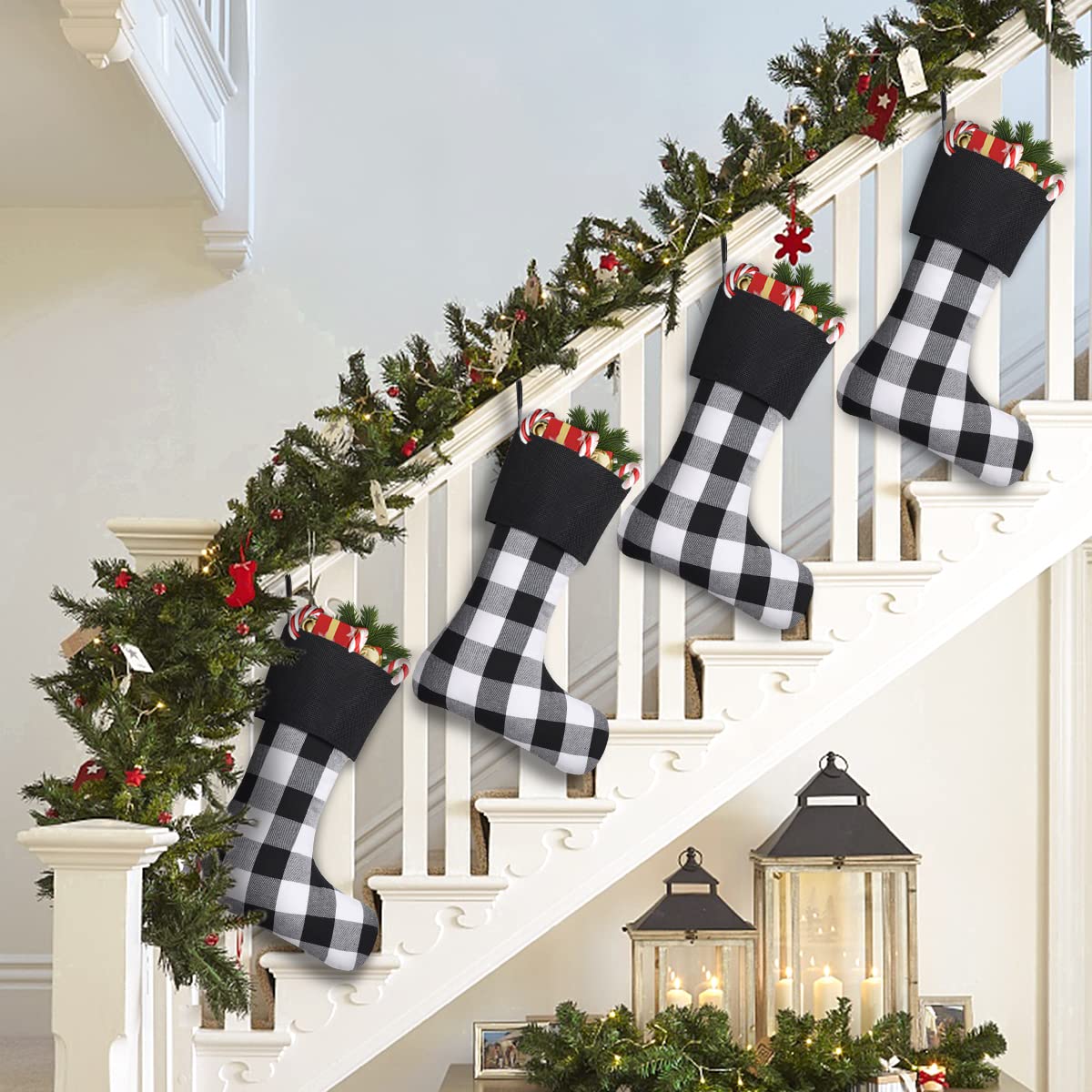 8 Pack Christmas Stockings - 18 Inch Buffalo Plaid Personalized Stockings for Family Holiday Decor, Xmas Party Supplies (Black Cuff/Black White Plaid) - Perfect for Fireplace Mantel, Gift Exchange & Festive Home Decor
