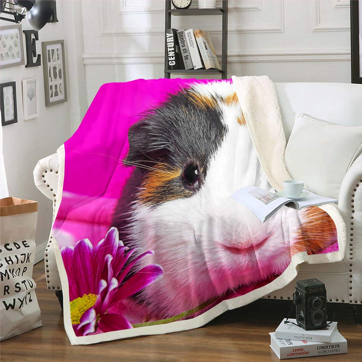 Soft Pink Daisy Floral Guinea Pig Plush Fleece Blanket for Kids - 30