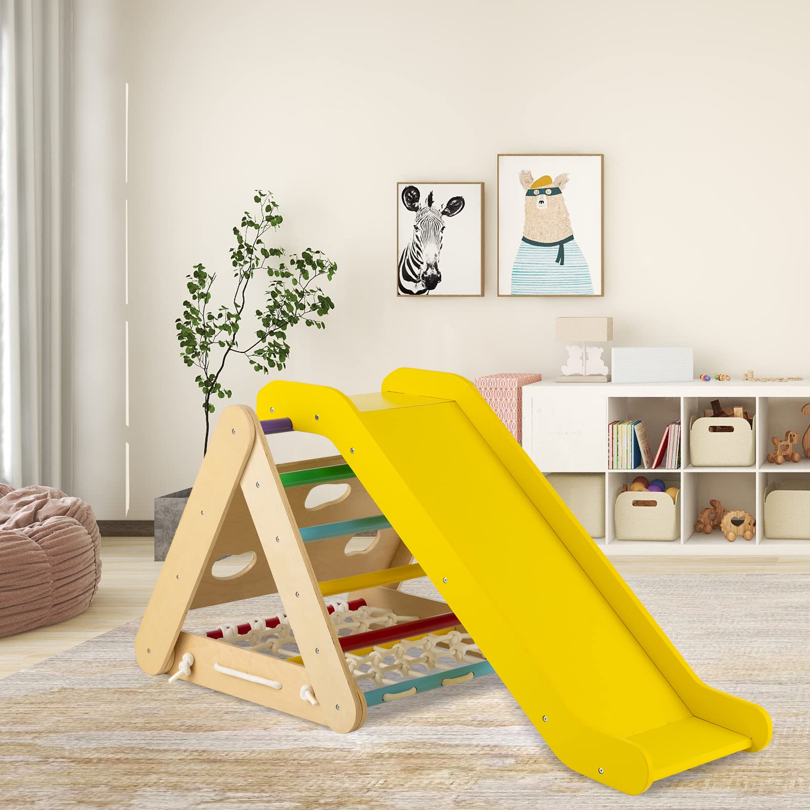 Costzon 4-in-1 Montessori Wooden Triangle Climber for Toddlers - 3-Sided Climbing Toy with Slide Ramp, Climbing Net & Board - Indoor Gym Playset for Kids Boys Girls - Perfect for Home Playroom, Daycare & Preschool Activities