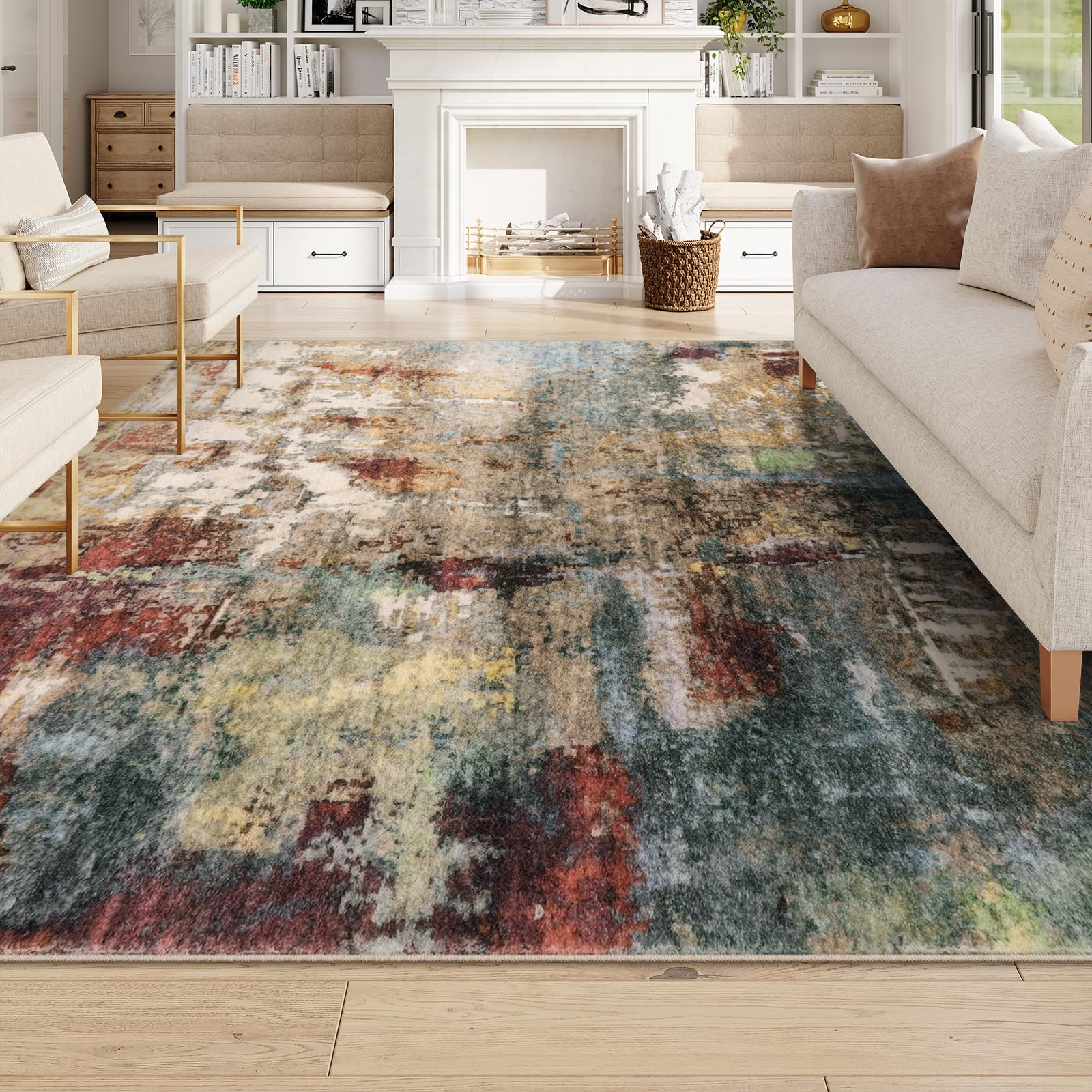 Lahome Modern Abstract 9x12 Washable Low Pile Non-Slip Area Rug - Soft Red Indoor Carpet for Bedroom, Living Room & Dining Room Decor | Perfect for Home, Apartment & Office Use