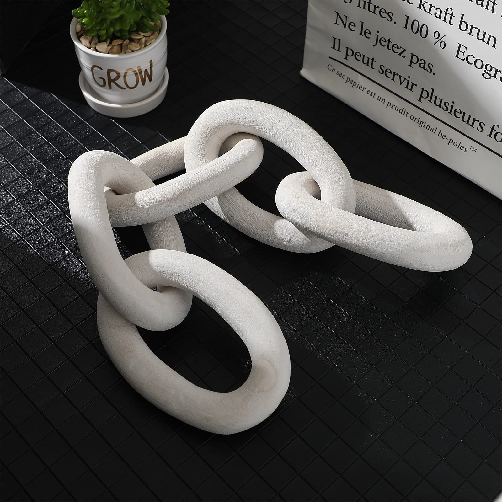 Decorative Wood Link Chain - 5 Link Wooden Chain Decor for Home, Office, Party & Family Events - Natural White Rustic Home Decor for Wall, Shelf & Tabletop Display