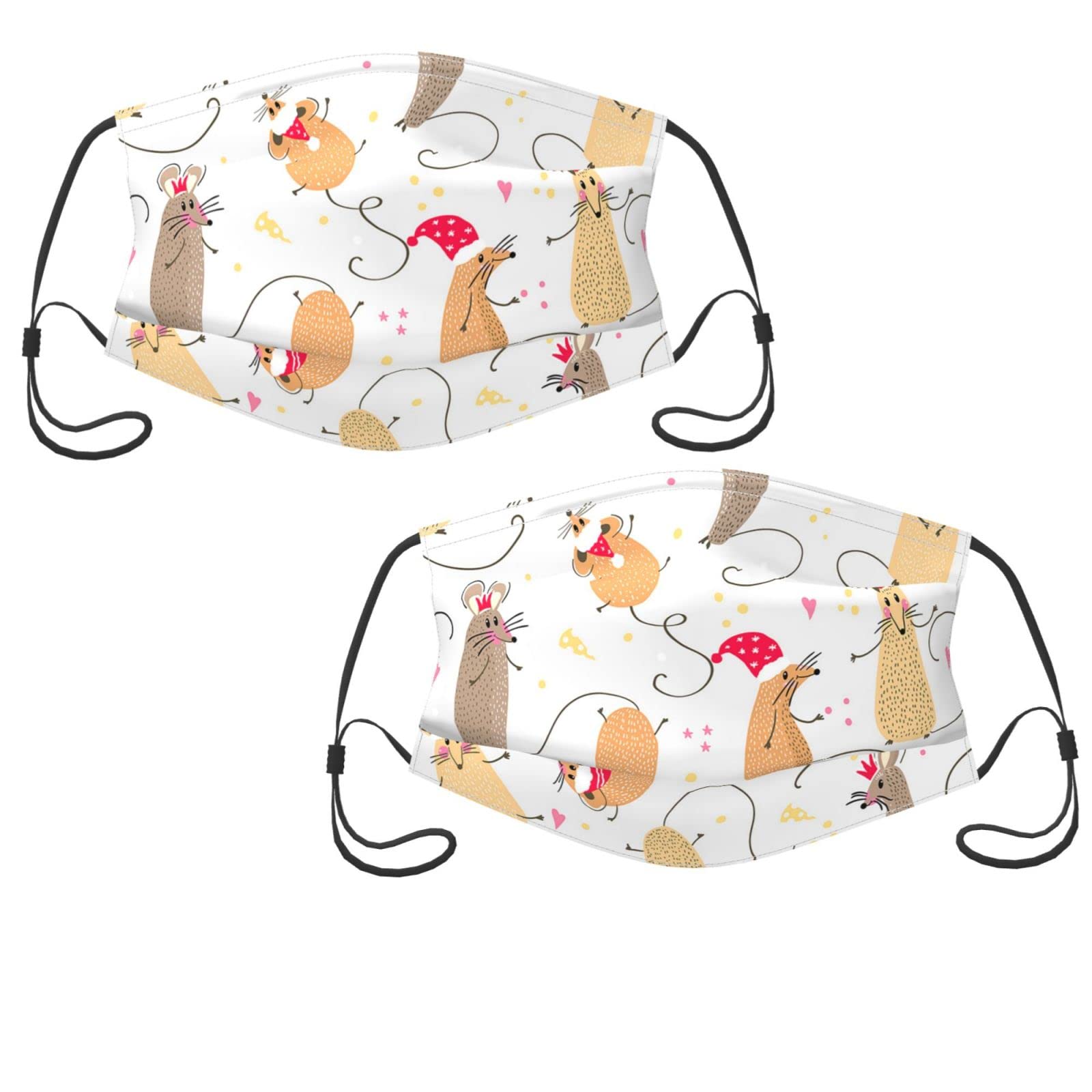 Reusable Washable Kids Face Mask with Adjustable Ear Loops - Rat Pattern Cloth Mask for Children (2 Pack with Filters) - Perfect for School, Travel & Daily Protection