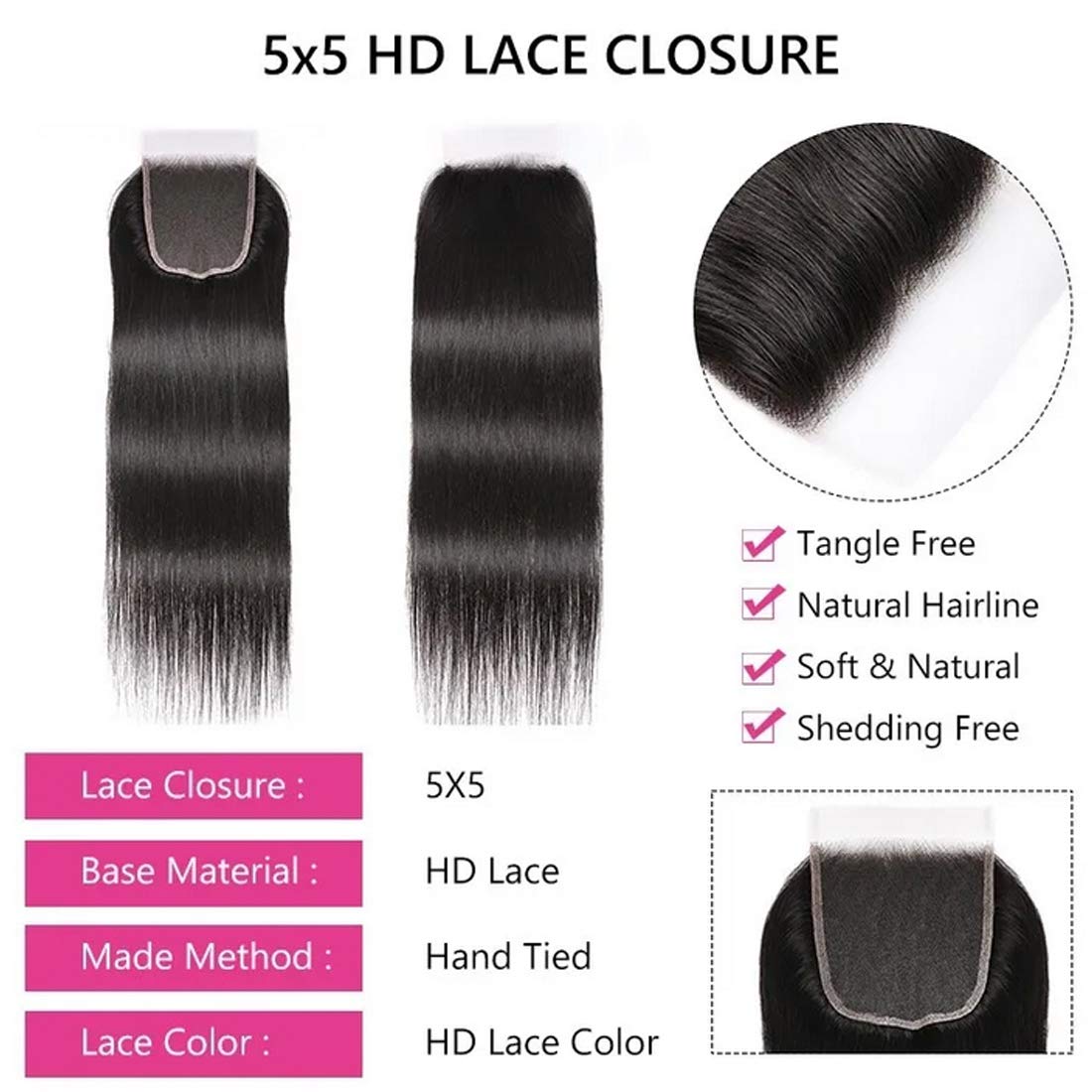 Beauty Forever 3 Bundles Straight Human Hair with 5x5 HD Lace Closure - Natural Color Brazilian Virgin Hair Extensions for Sew-In Weave & Styling