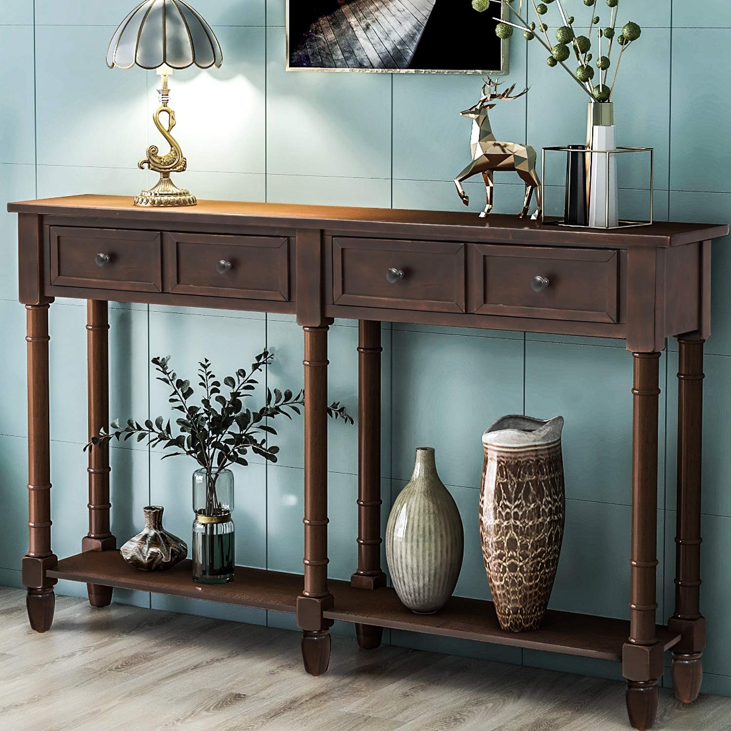 Vintage Espresso Console Table with Drawers & Shelf - Entryway Sofa Table for Living Room, Hallway & Bedroom Decor - Mid-Century Modern Side Table for Home & Office