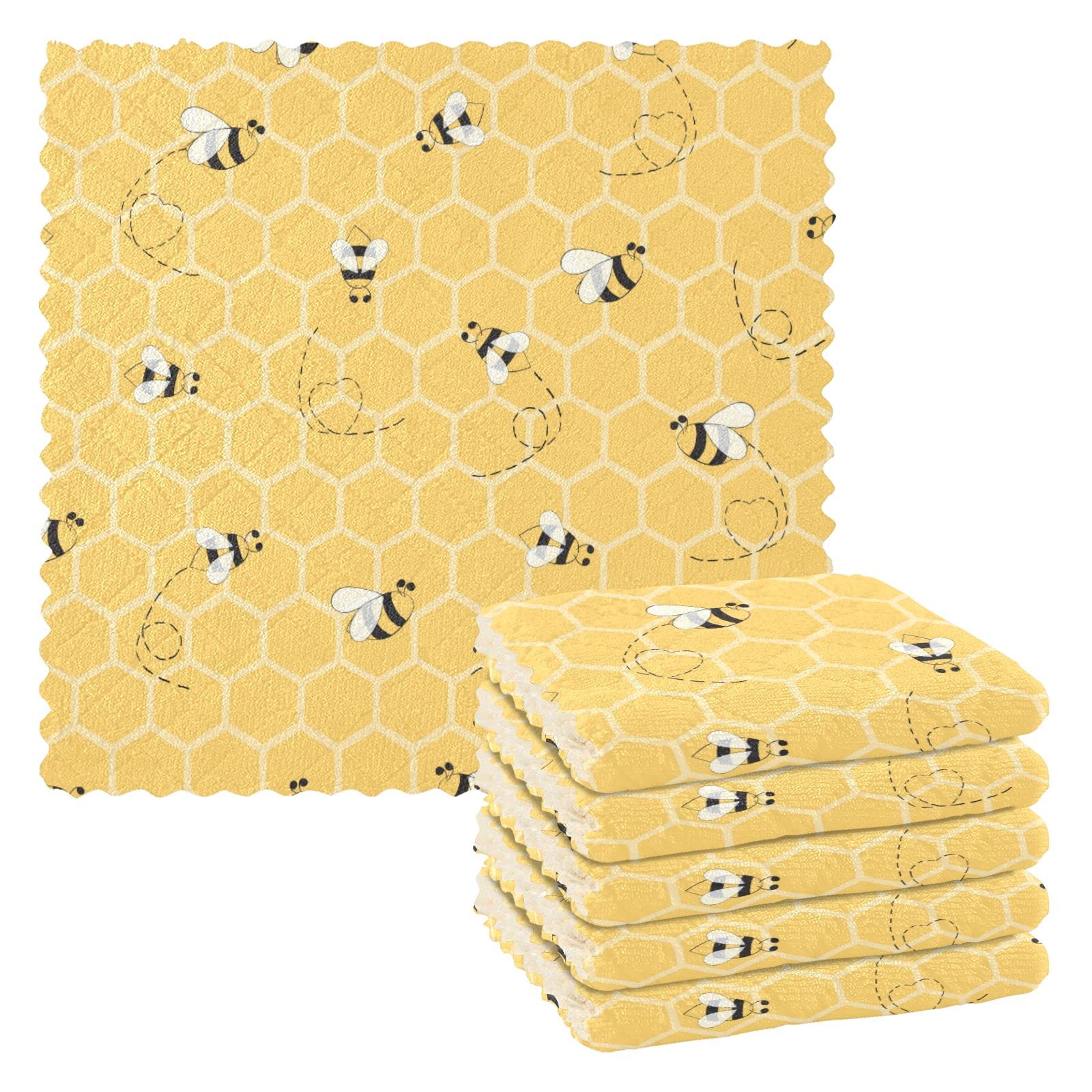 Kcldeci 6-Pack Bees on Honeycomb Microfiber Dish Cloths - Super Absorbent & Reusable Kitchen Towels for Washing Dishes, Cleaning & Draining - Perfect for Daily Kitchen Use, Dish Drying & Countertop Cleaning