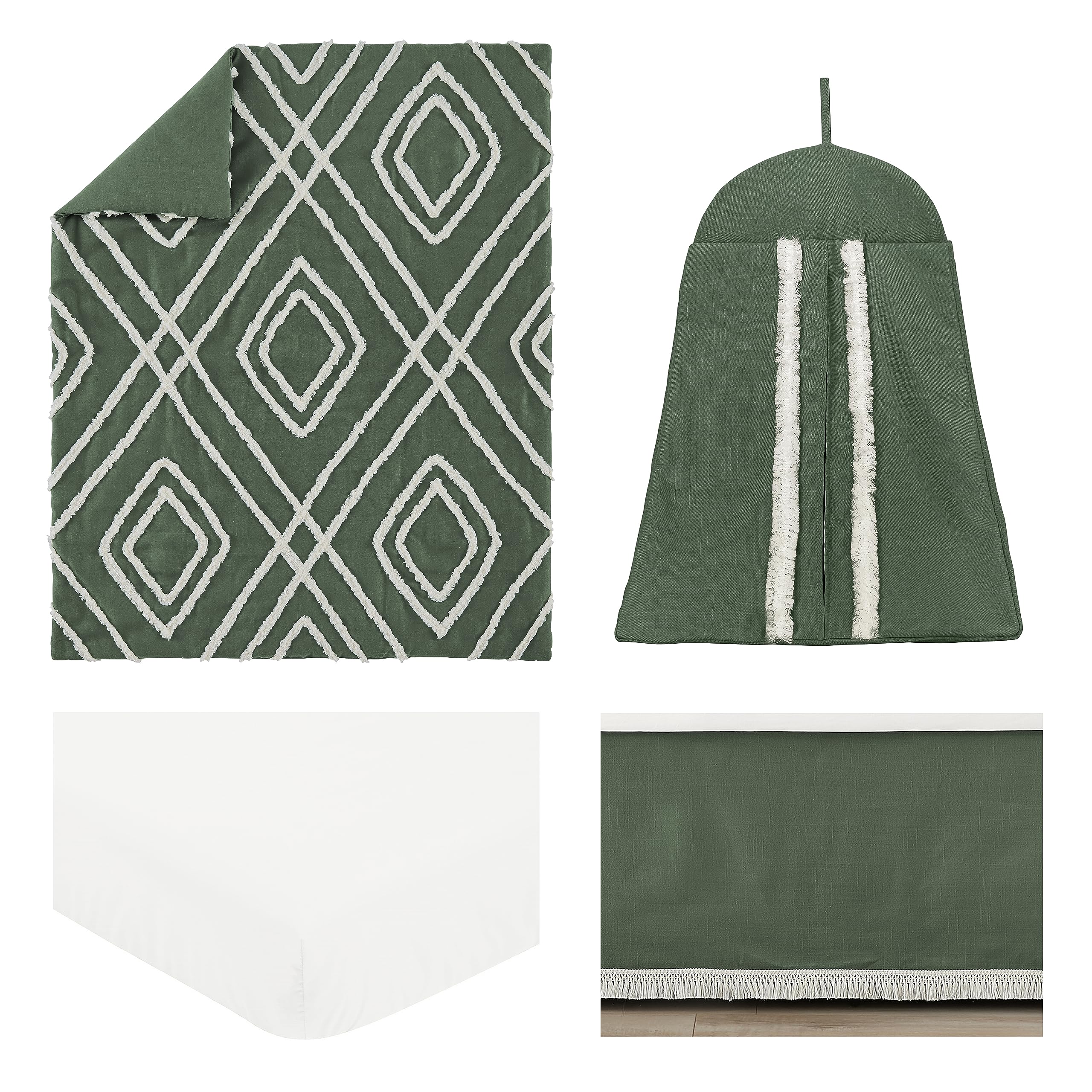 Sweet Jojo Designs Dark Green Boho Arrow Baby Crib Bedding Set - 4 Piece Nursery Set with Blanket, Fitted Sheet, Skirt & Diaper Stacker | Gender Neutral, Modern Bohemian Farmhouse Style for Infant Room Decor | Perfect for Southwest Themed Nurseries & Diamond Tufted Cribs