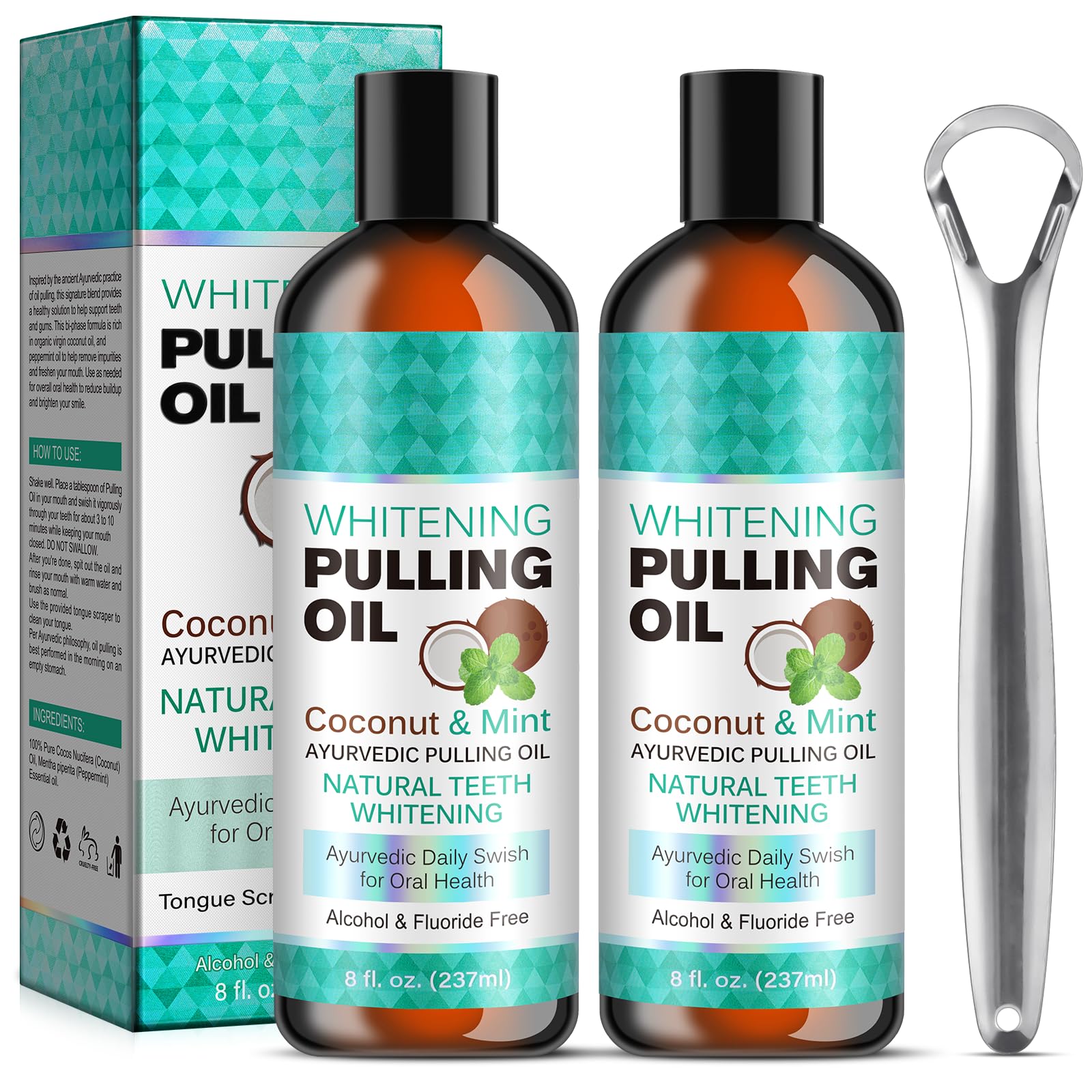 2 Pack Organic Coconut Oil Pulling Kit with Tongue Scraper - Natural Peppermint Essential Oil Mouthwash for Fresh Breath, Teeth Whitening & Gum Health | Alcohol-Free Oral Care for Morning Routine & Ayurvedic Practice