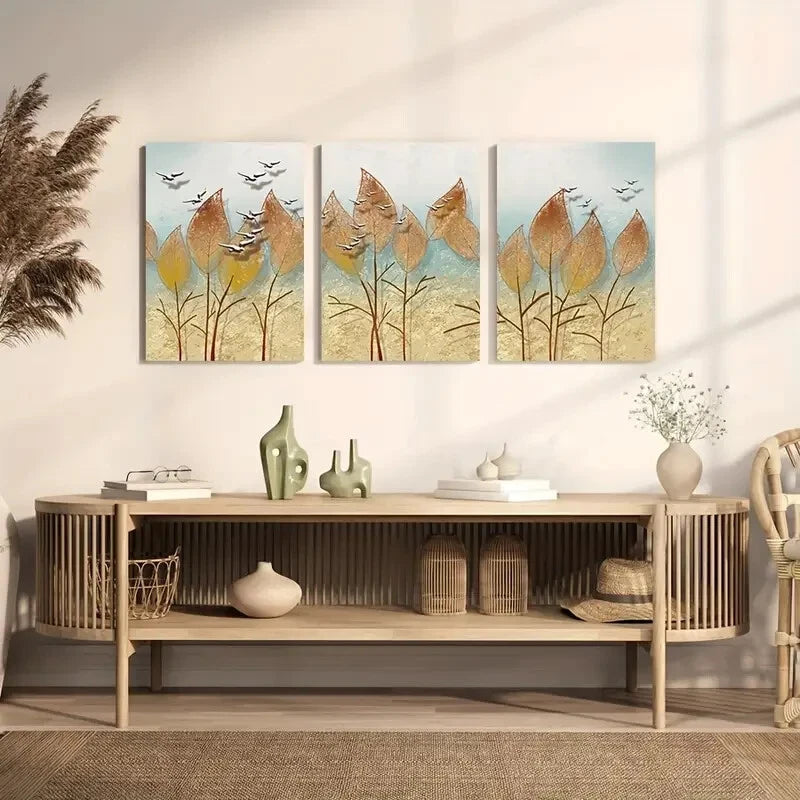 3-Piece Golden Leaves and Birds Autumn Landscape Metal Wall Art - Ready to Hang Home Decor for Living Room, Bedroom, Office