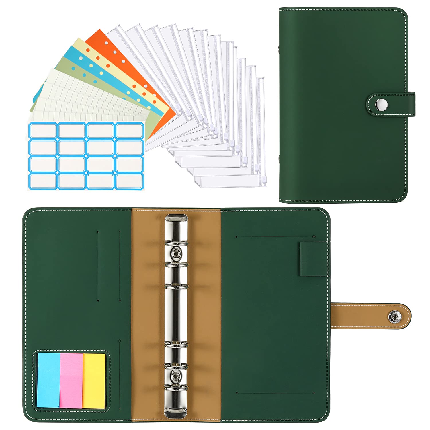 Premium PU Leather A6 Budget Binder with 12 Refillable Pockets - 6-Ring Cash Envelope System with Zipper Pouches & Label Stickers | Green | Perfect for Money Management, Bill Organizing & Travel Expense Tracking