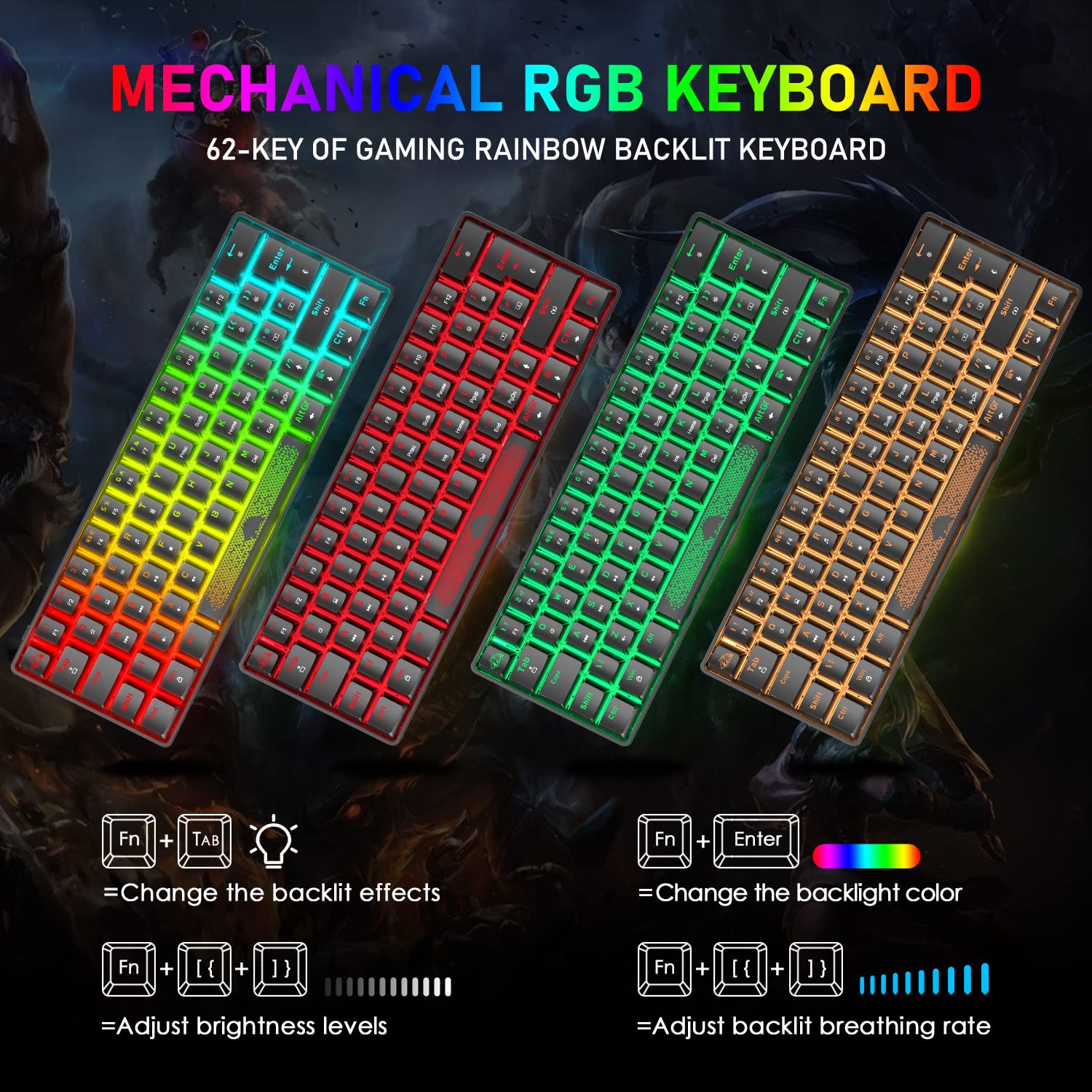 60% Mechanical Keyboard UK Layout - RGB Backlit, USB-C, for Gaming & Office
