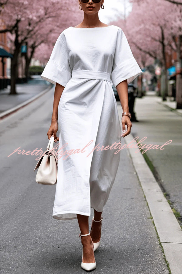 Solid Color Round Neck Half Sleeve Casual Waist Midi Dress for Women - Summer Casual Outfit, Office Wear & Party Dress