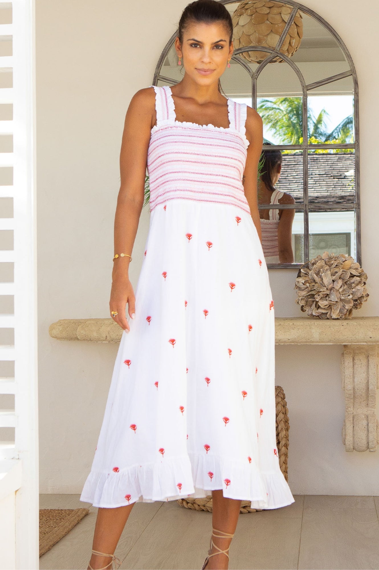 Rhianna Embroidered Floral Dress for Women - Elegant White and Pink Summer Dress | Perfect for Weddings, Parties & Date Nights