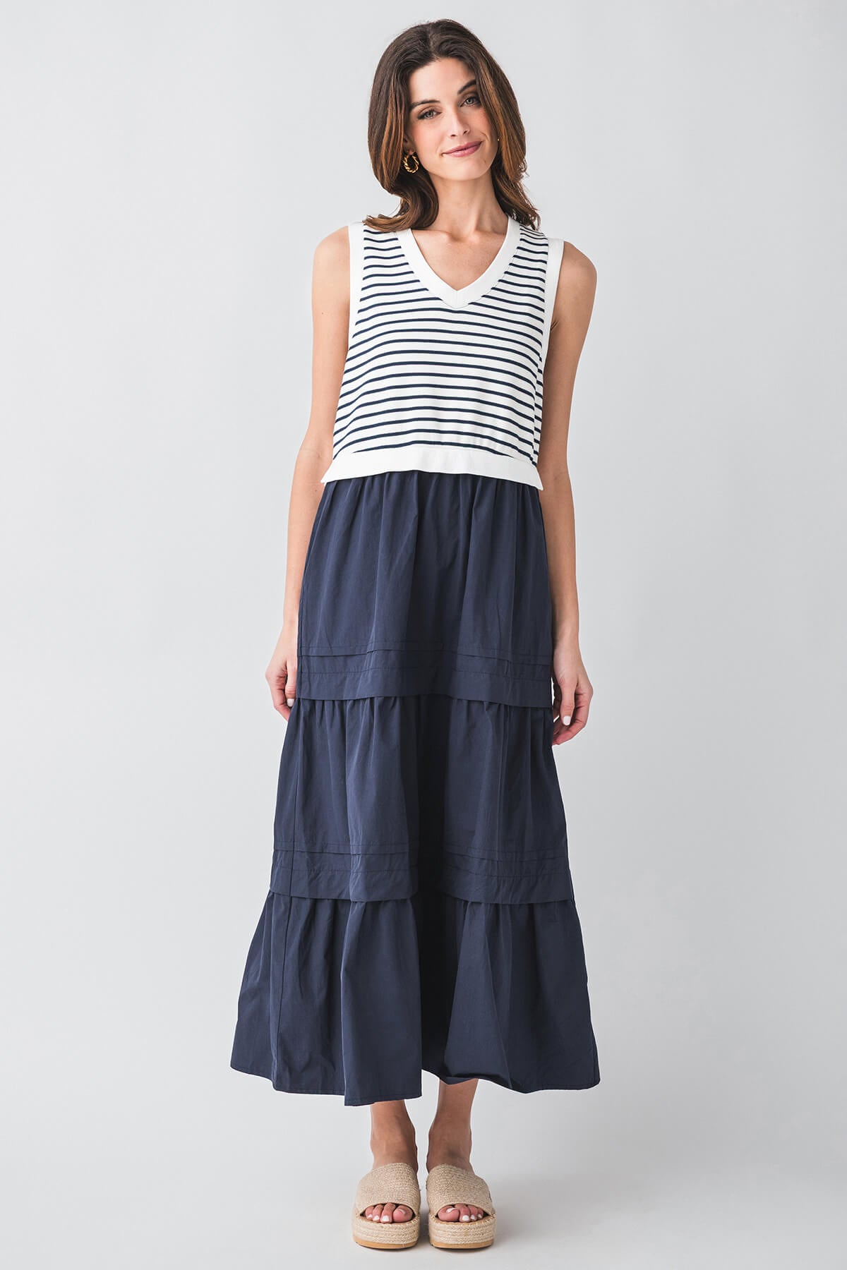 Jodifl Women's Striped Tiered Midi Dress - Flowy Summer Casual Dress for Beach, Vacation & Everyday Wear
