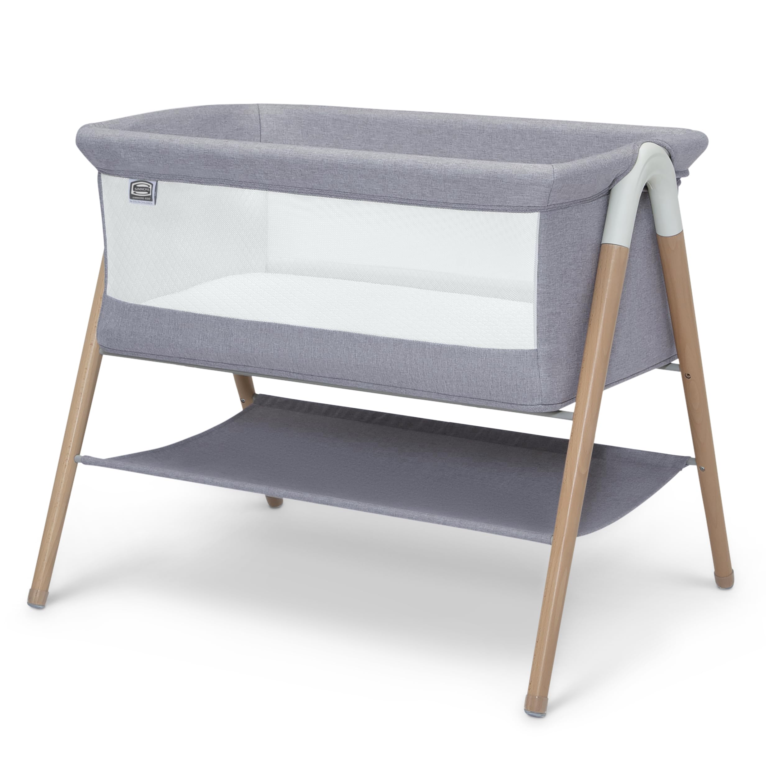 Simmons Kids Koi by The Bed Bassinet - Breathable Mesh Sides & Natural Beechwood Legs - Dove Grey - Safe Baby Sleeper for Bedside Co-Sleeping & Nursery