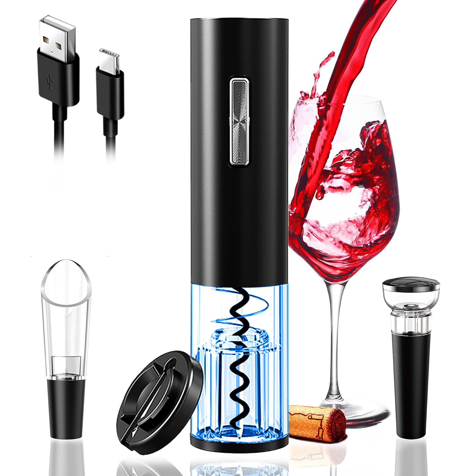Rechargeable Electric Wine Opener Set - Automatic Cordless Wine Bottle Opener with USB Charging Cable, Foil Cutter, Vacuum Stopper & Wine Pourer | Perfect Wine Accessories Gift for Wine Lovers | Ideal for Home Bars, Dinner Parties & Wine Tasting Events