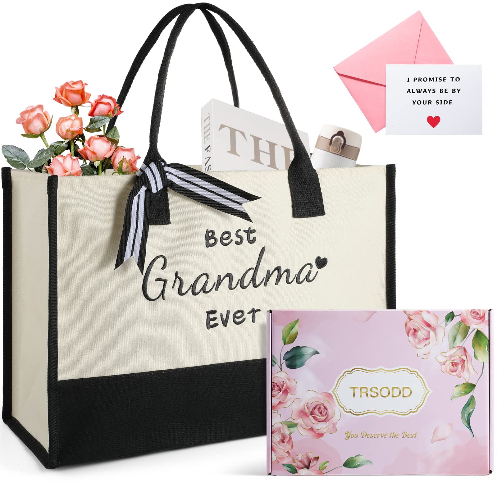 TRSODD Embroidered Canvas Tote Bag & Makeup Bag Set - Perfect Mother's Day Gift for Grandma, Birthday Present for Women - Ideal for Shopping, Travel & Daily Use