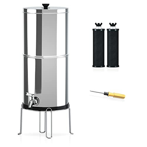 Gravity-Fed Water Filter System 1.5 Gallon - Stainless Steel Countertop Purifier with 2 Filters for Home, Camping, Travel & Emergency Use - Portable Water Purification for Clean Drinking Water Anywhere