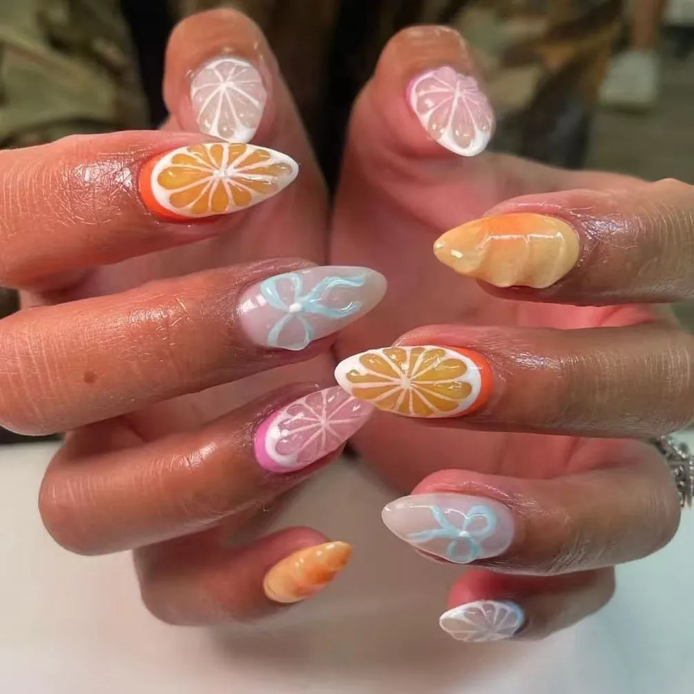 24Pcs Almond False Nails - Colorful Flower Design Press On Nails, Short Oval Full Cover Fake Nails for Everyday Wear & Special Occasions