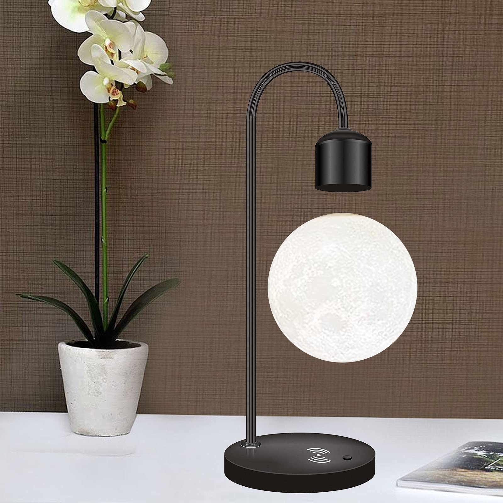 MODIRNATION Modern Levitating Moon Lamp with Qi Wireless Charger - Innovative Floating LED Night Light for Bedroom, Office Decor - Black | Home Decor, Gift Idea, Ambient Lighting