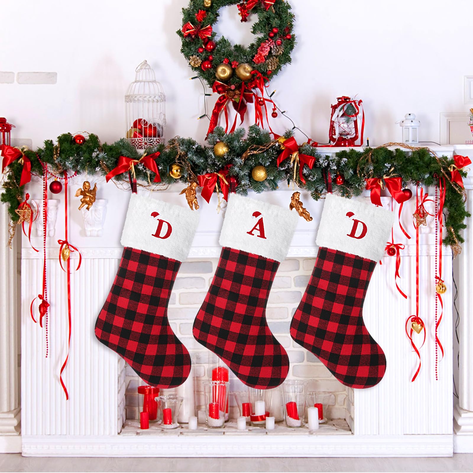 20 Inch Large Personalized Monogram Christmas Stocking - Red & Black Buffalo Plaid with Embroidered Initial Letter (K) | Holiday Fireplace Decor for Xmas, Family Gatherings and Festive Home Decoration